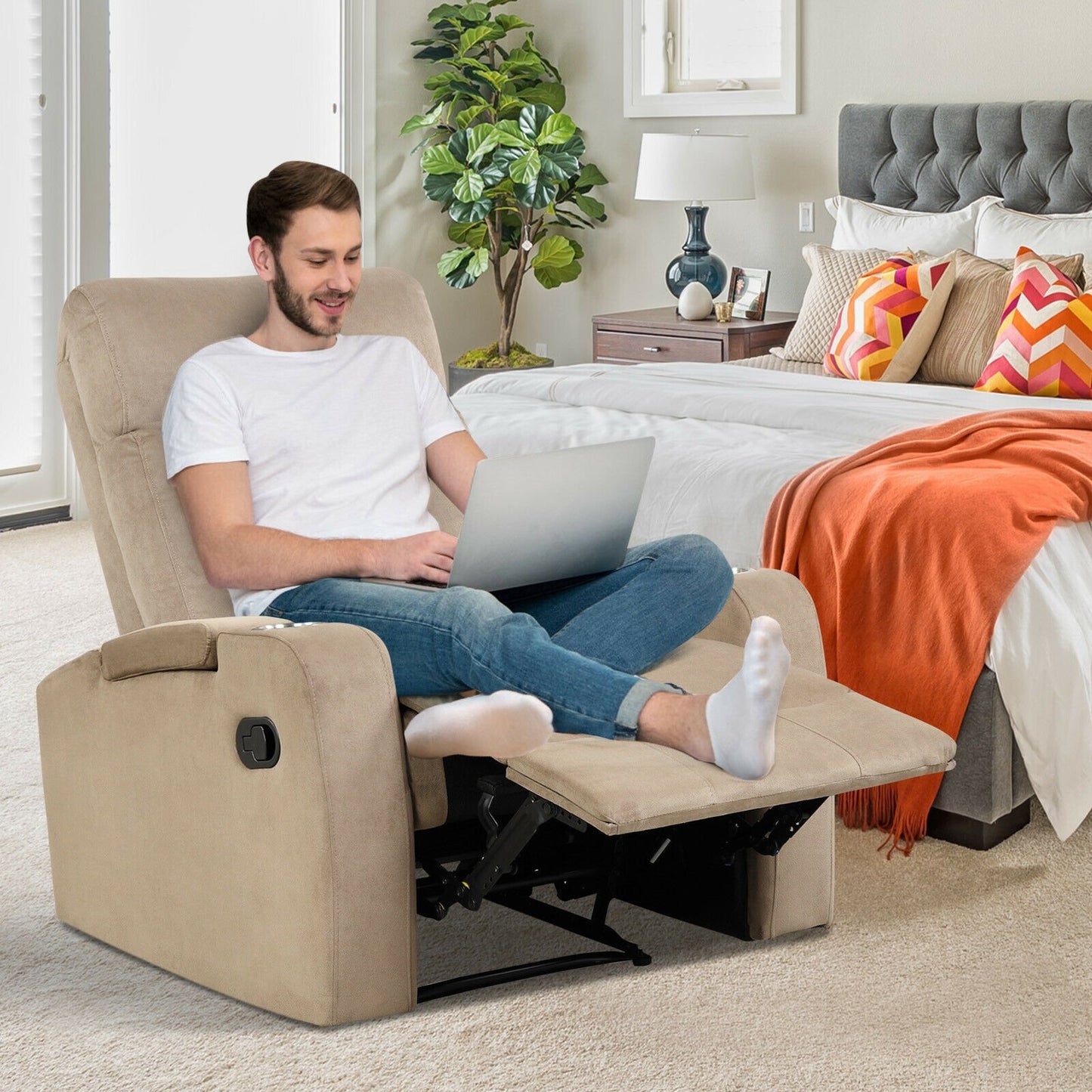 Recliner Chair Single Sofa Lounger with Arm Storage and Cup Holder for Living Room-Coffee