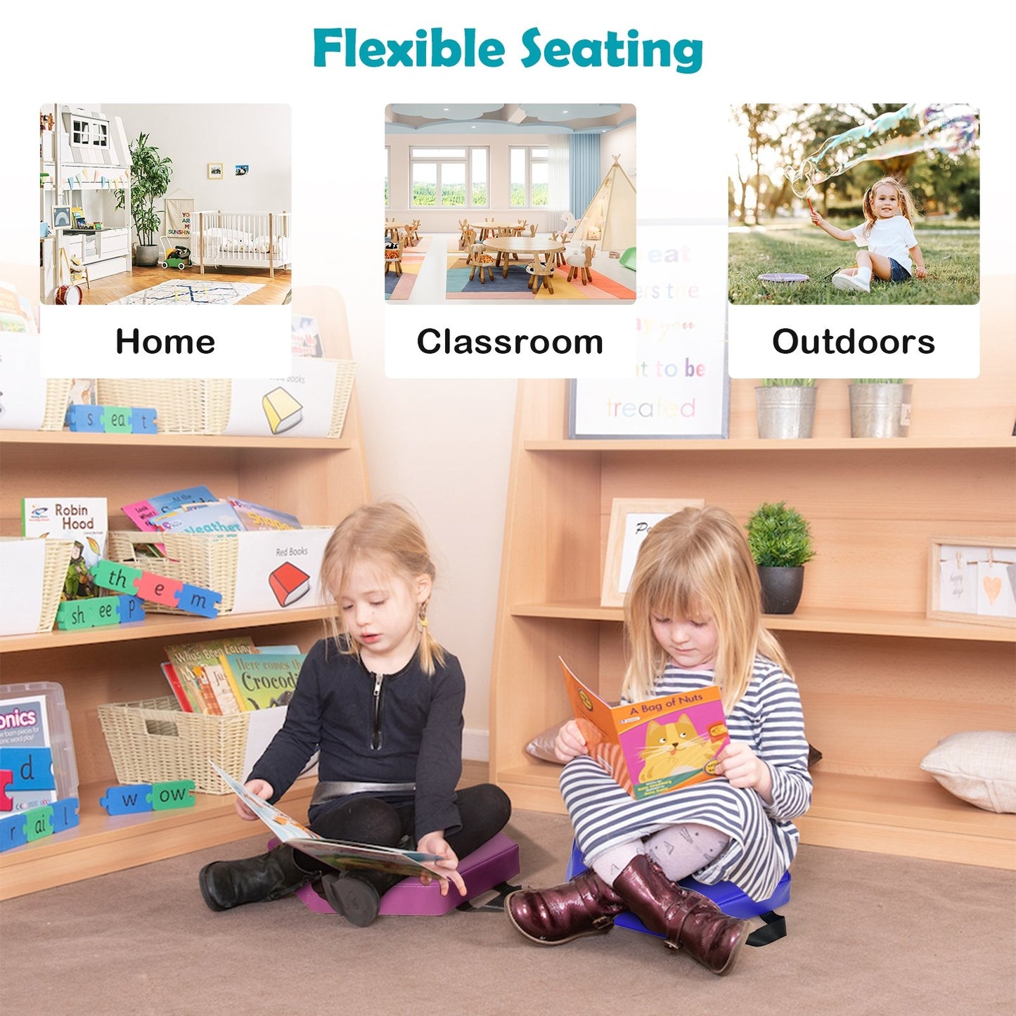 6 Pieces Multifunctional Hexagon Toddler Floor Cushions Classroom Seating with Handles-Blue