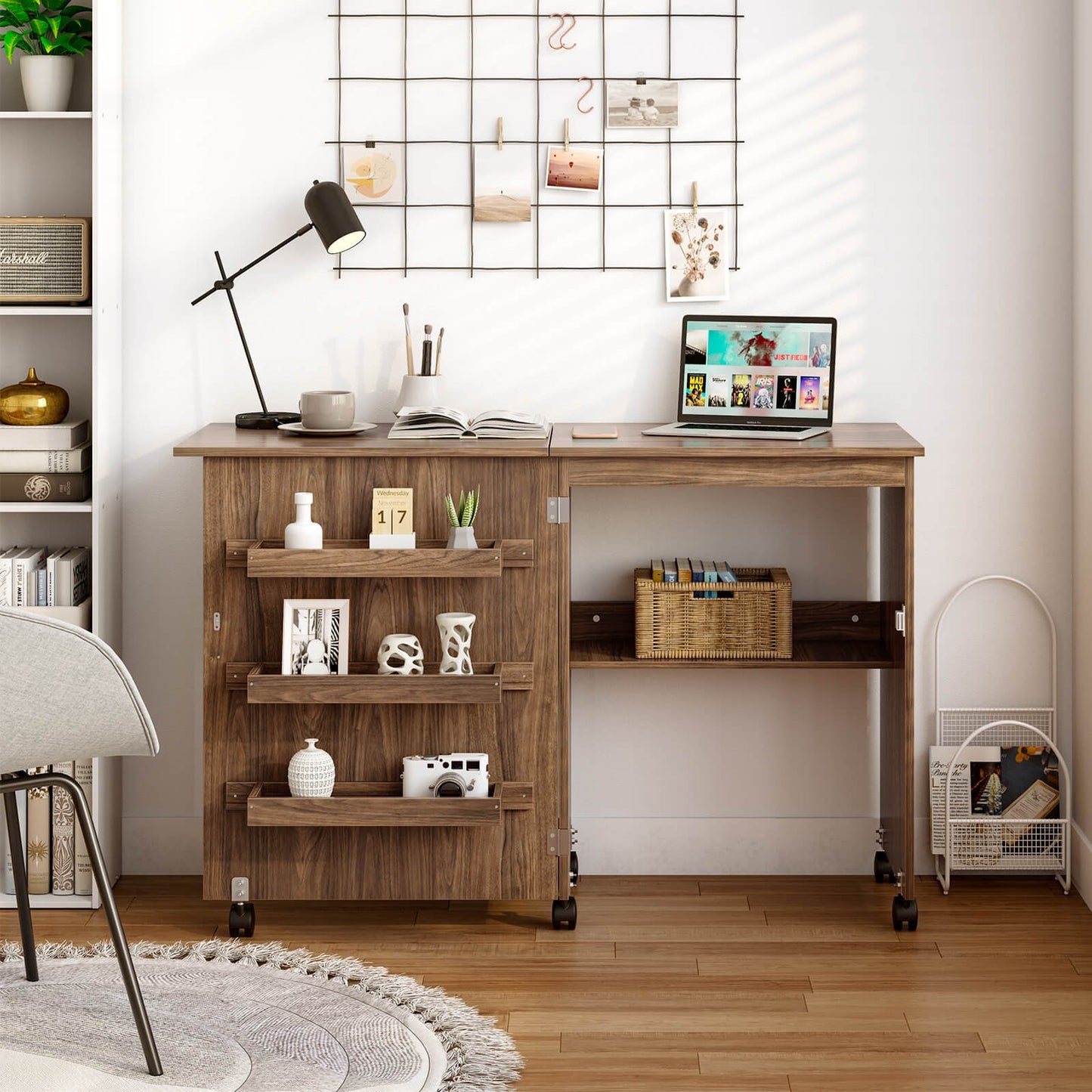 Folding Sewing Craft Table Shelf Storage Cabinet Home Furniture-Brown
