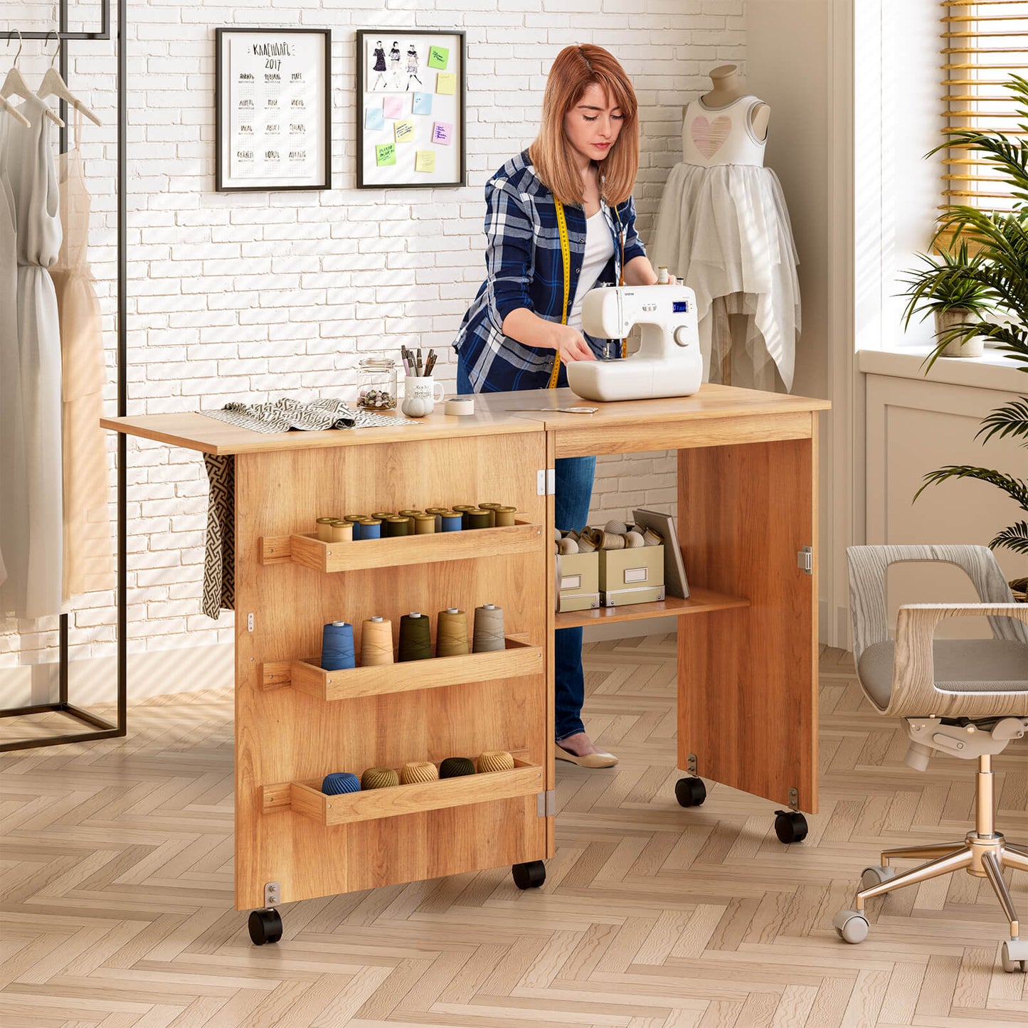 Folding Sewing Craft Table Shelf Storage Cabinet Home Furniture-Brown