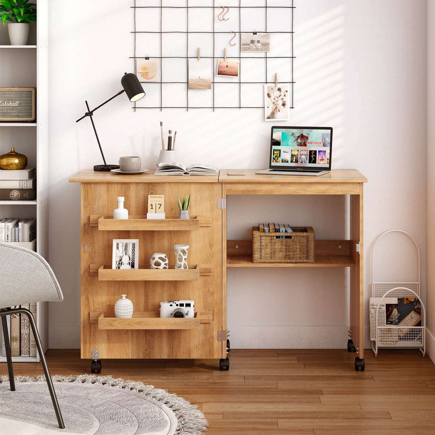 Folding Sewing Craft Table Shelf Storage Cabinet Home Furniture-Brown