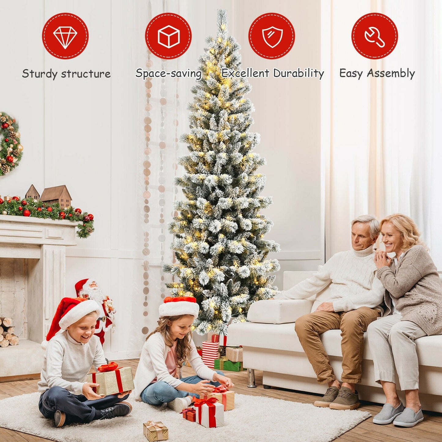 7.5 Feet Pre-Lit Hinged Christmas Tree Snow Flocked with 9 Modes Lights