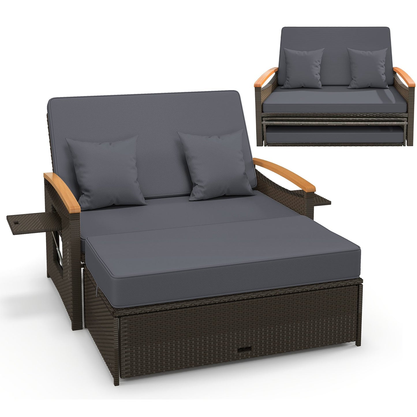 Outdoor Wicker Daybed with Folding Panels and Storage Ottoman-Beige