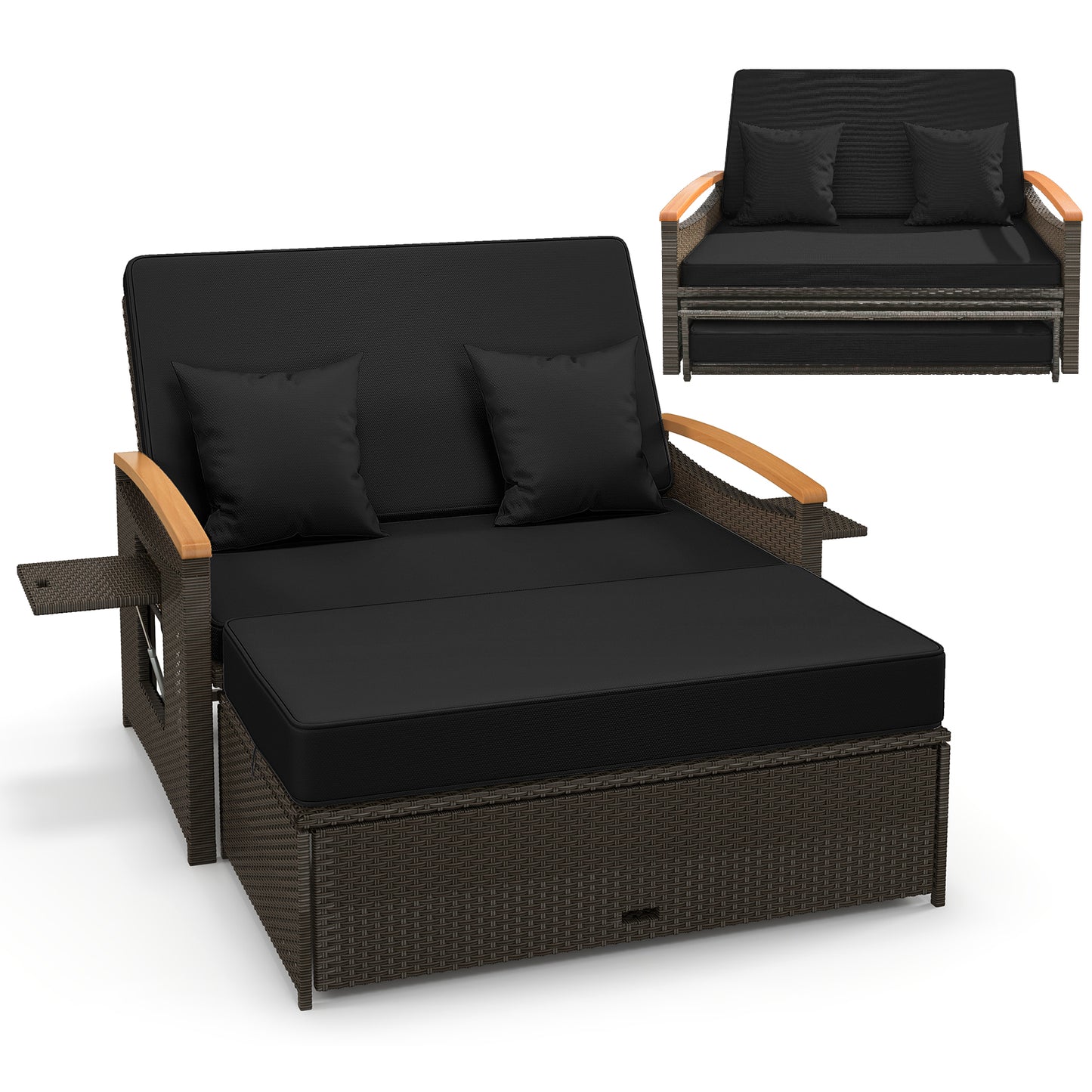 Outdoor Wicker Daybed with Folding Panels and Storage Ottoman-Beige