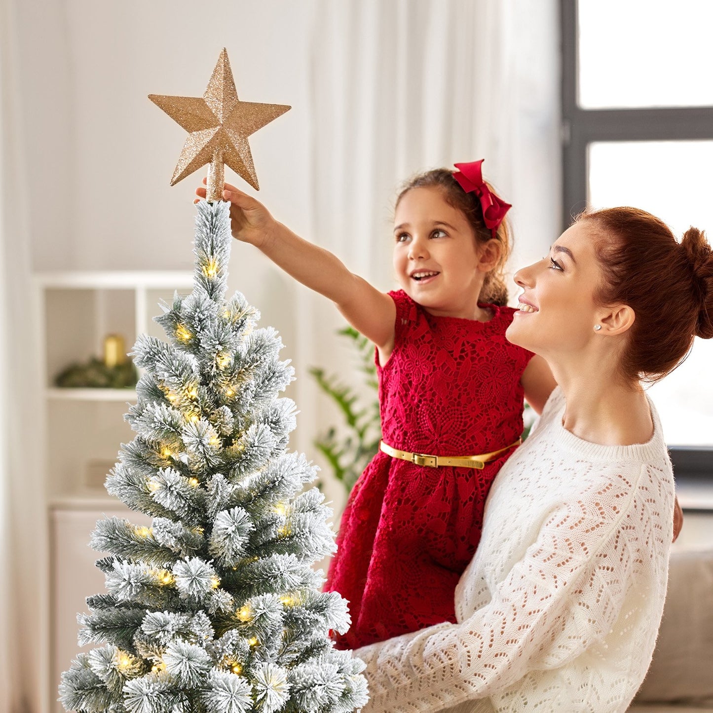 7.5 Feet Pre-Lit Hinged Christmas Tree Snow Flocked with 9 Modes Lights