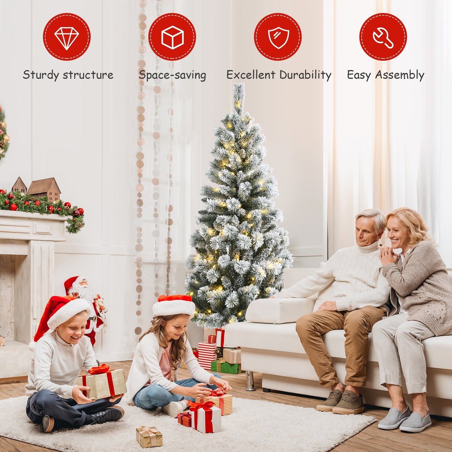 7.5 Feet Pre-Lit Hinged Christmas Tree Snow Flocked with 9 Modes Lights