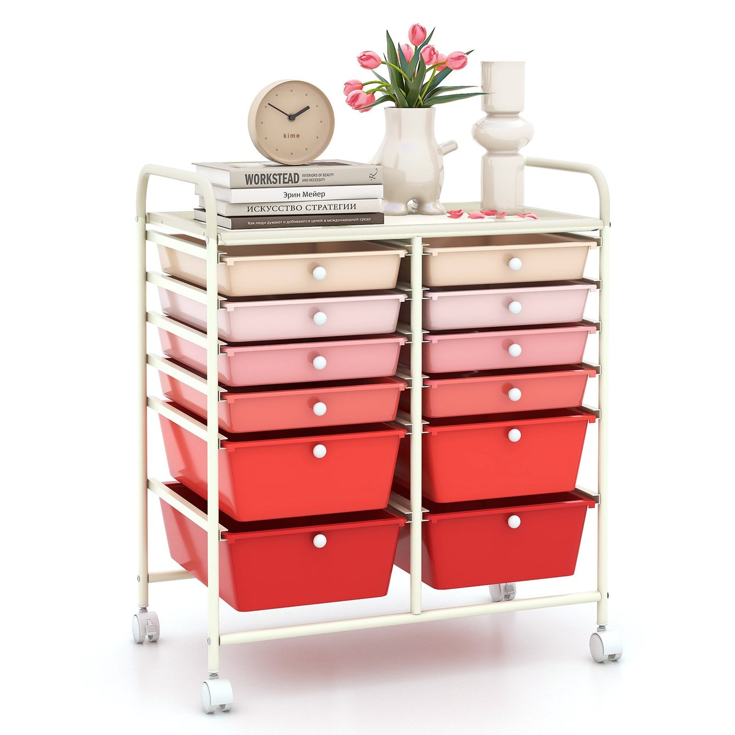 12-Drawer Rolling Storage Cart with Removable Drawers and Lockable Wheels-White