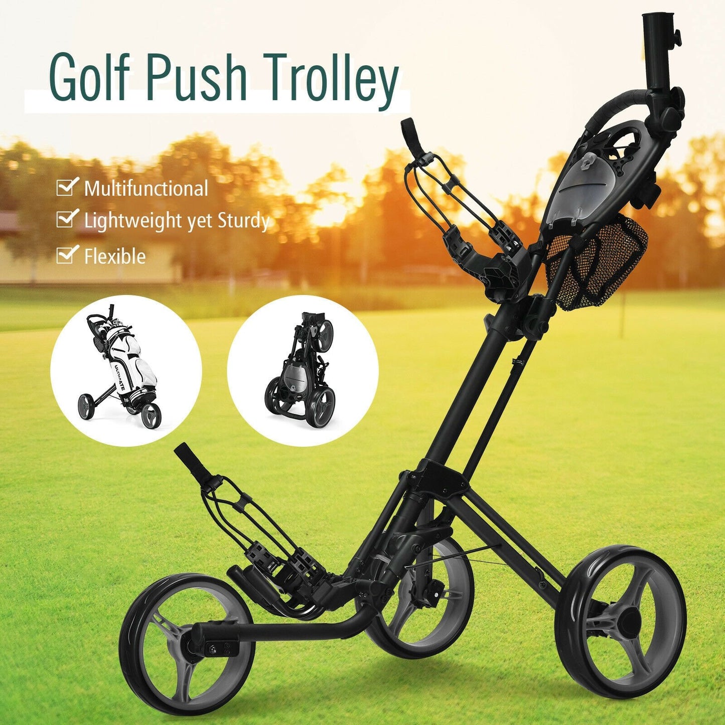 Folding 3 Wheels Golf Push Cart with Brake Scoreboard Adjustable Handle-Blue