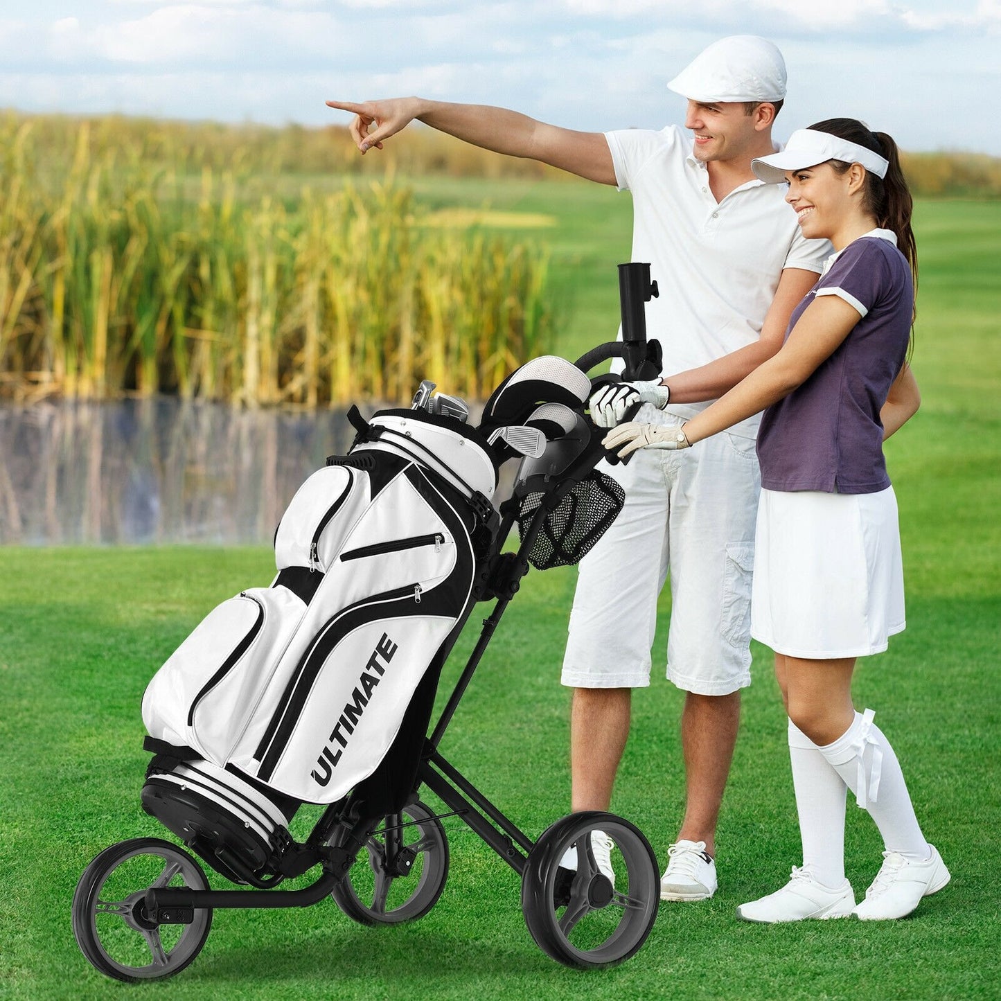 Folding 3 Wheels Golf Push Cart with Brake Scoreboard Adjustable Handle-Blue