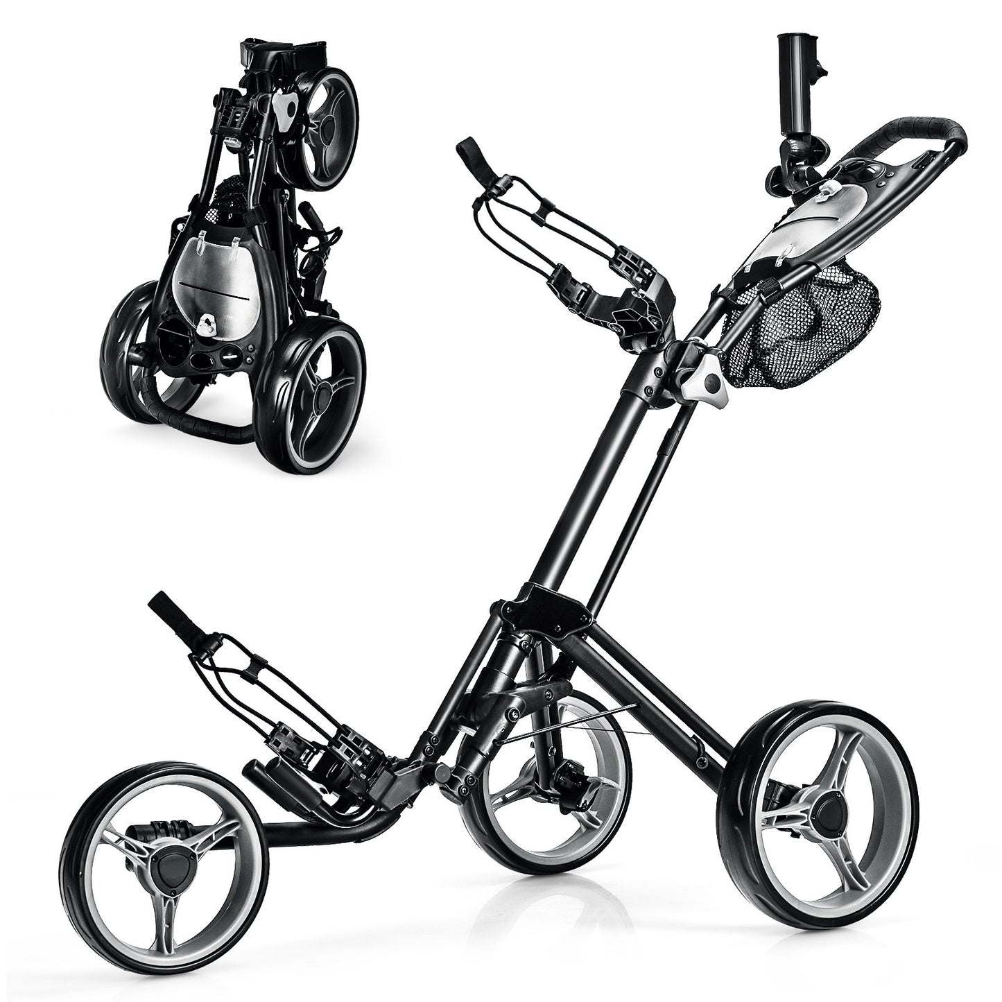 Folding 3 Wheels Golf Push Cart with Brake Scoreboard Adjustable Handle-Blue
