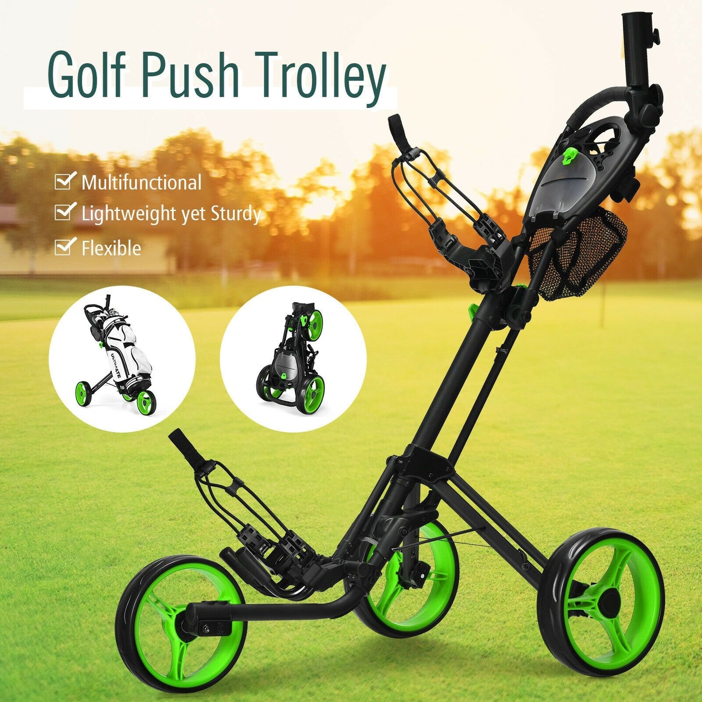 Folding 3 Wheels Golf Push Cart with Brake Scoreboard Adjustable Handle-Blue