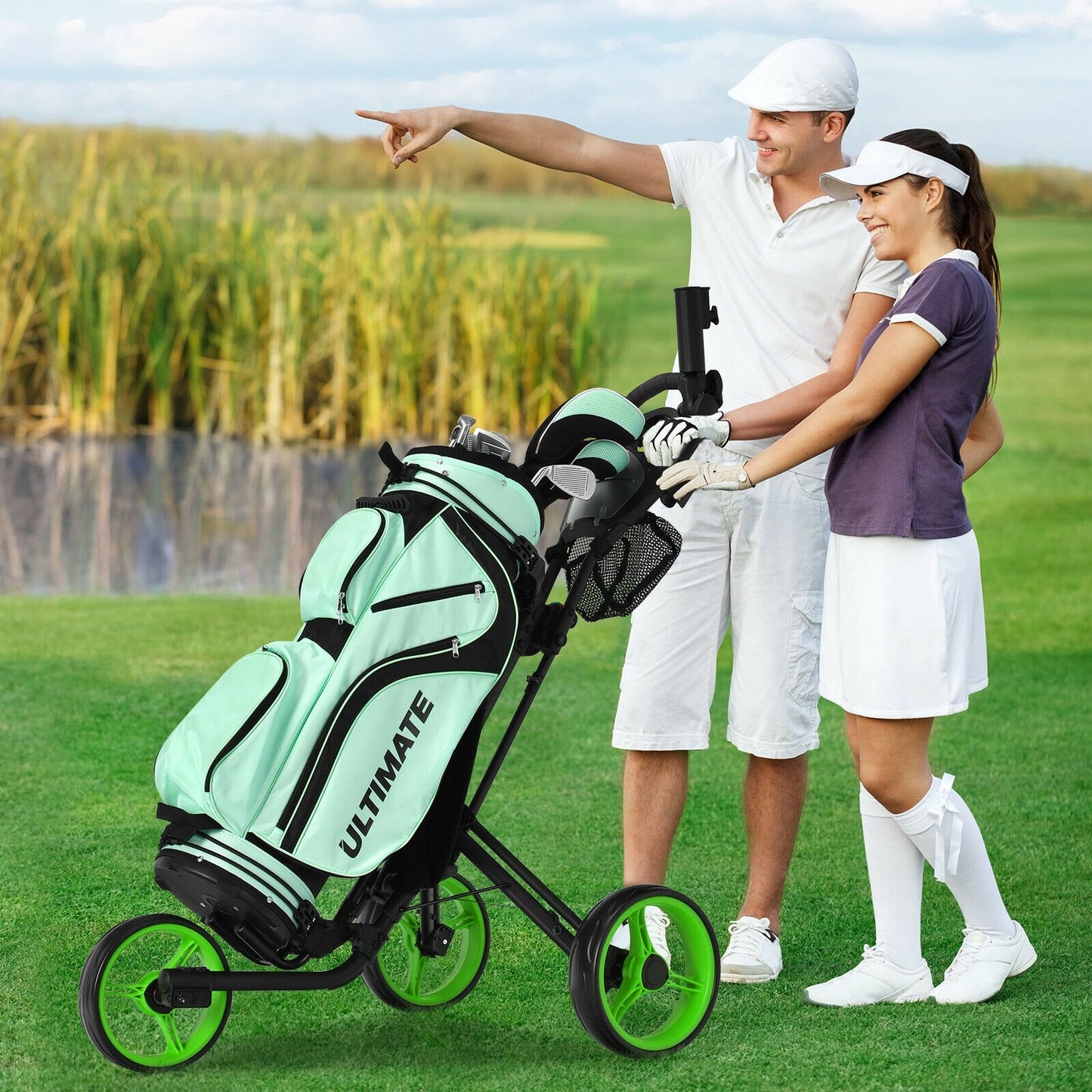 Folding 3 Wheels Golf Push Cart with Brake Scoreboard Adjustable Handle-Blue