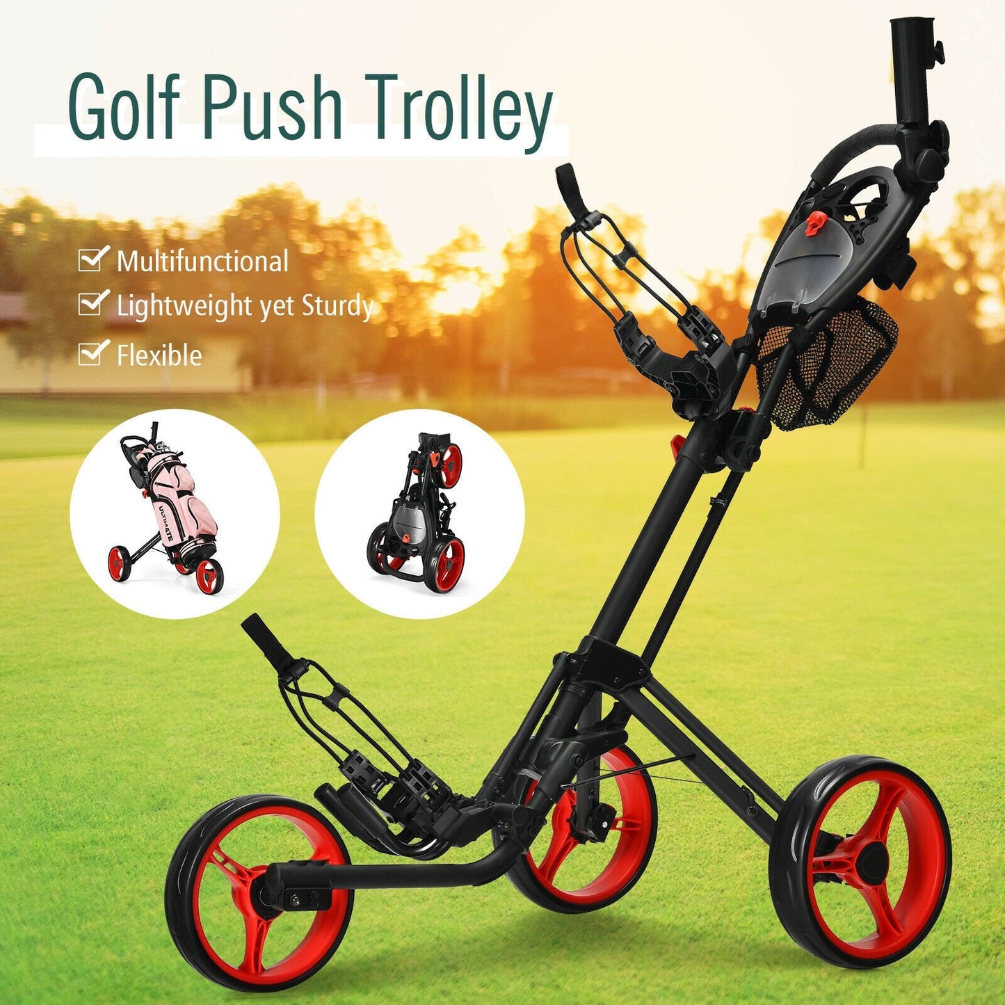 Folding 3 Wheels Golf Push Cart with Brake Scoreboard Adjustable Handle-Blue