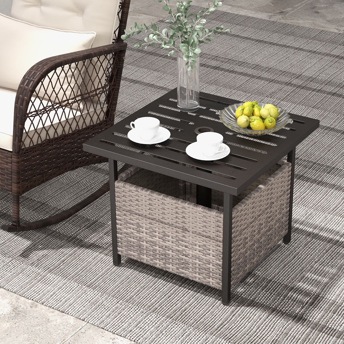 Outdoor Patio Rattan Wicker Steel Side Deck Table-Black