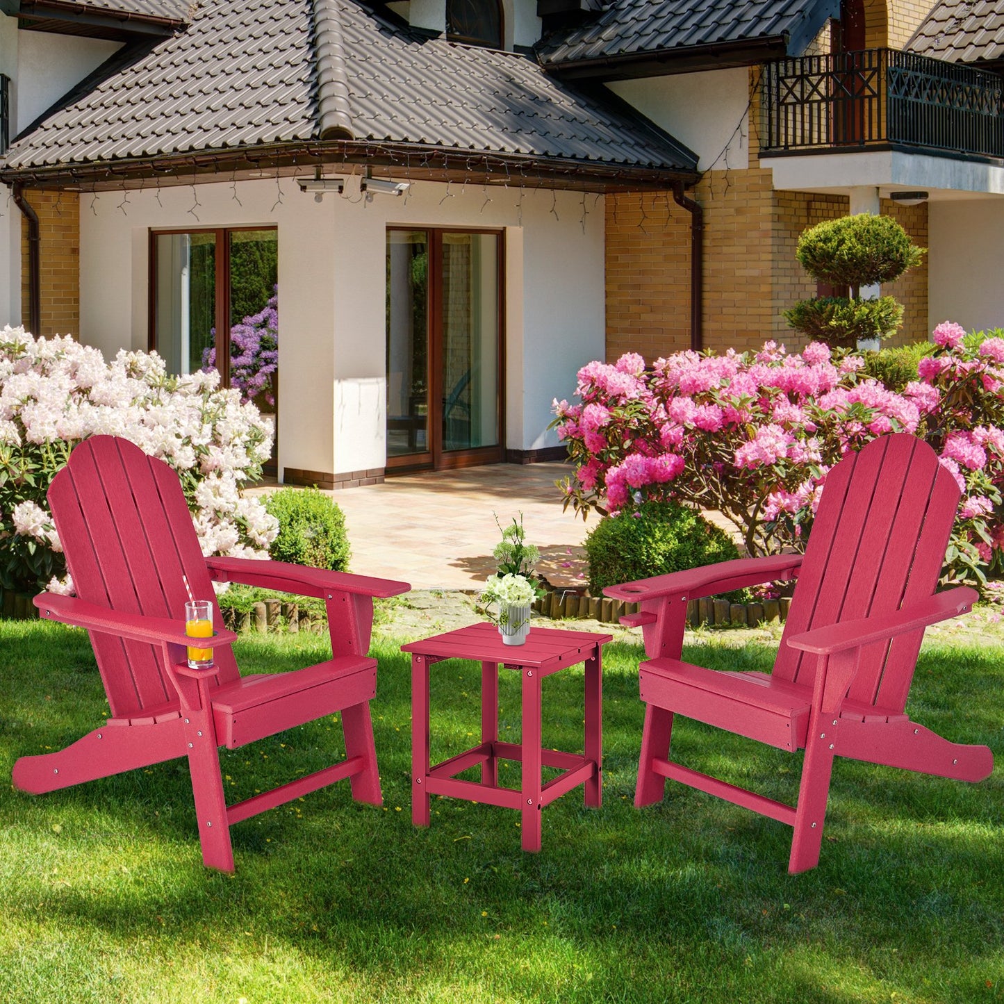 Outdoor Adirondack Chair with Built-in Cup Holder for Backyard Porch-Black