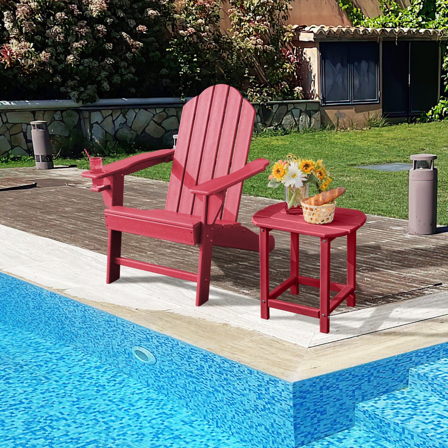 Outdoor Adirondack Chair with Built-in Cup Holder for Backyard Porch-Black