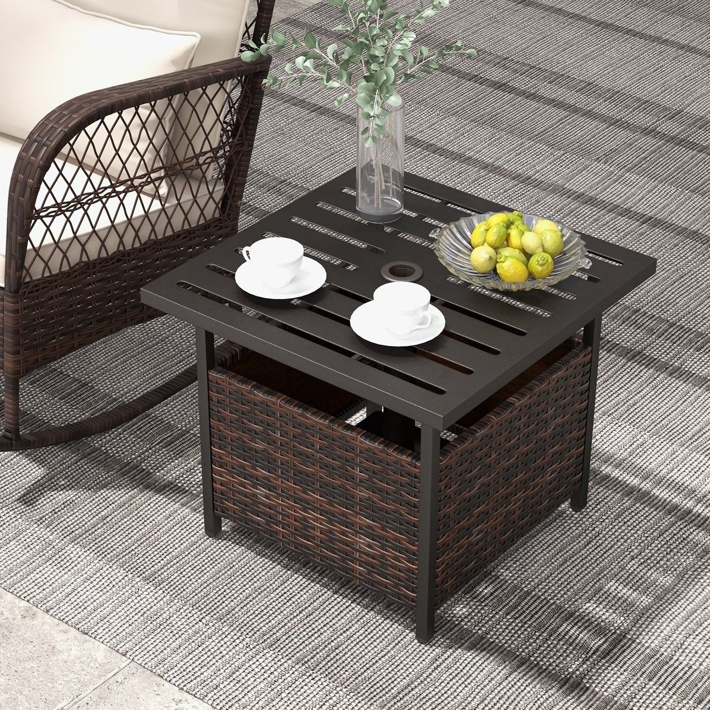 Outdoor Patio Rattan Wicker Steel Side Deck Table-Black