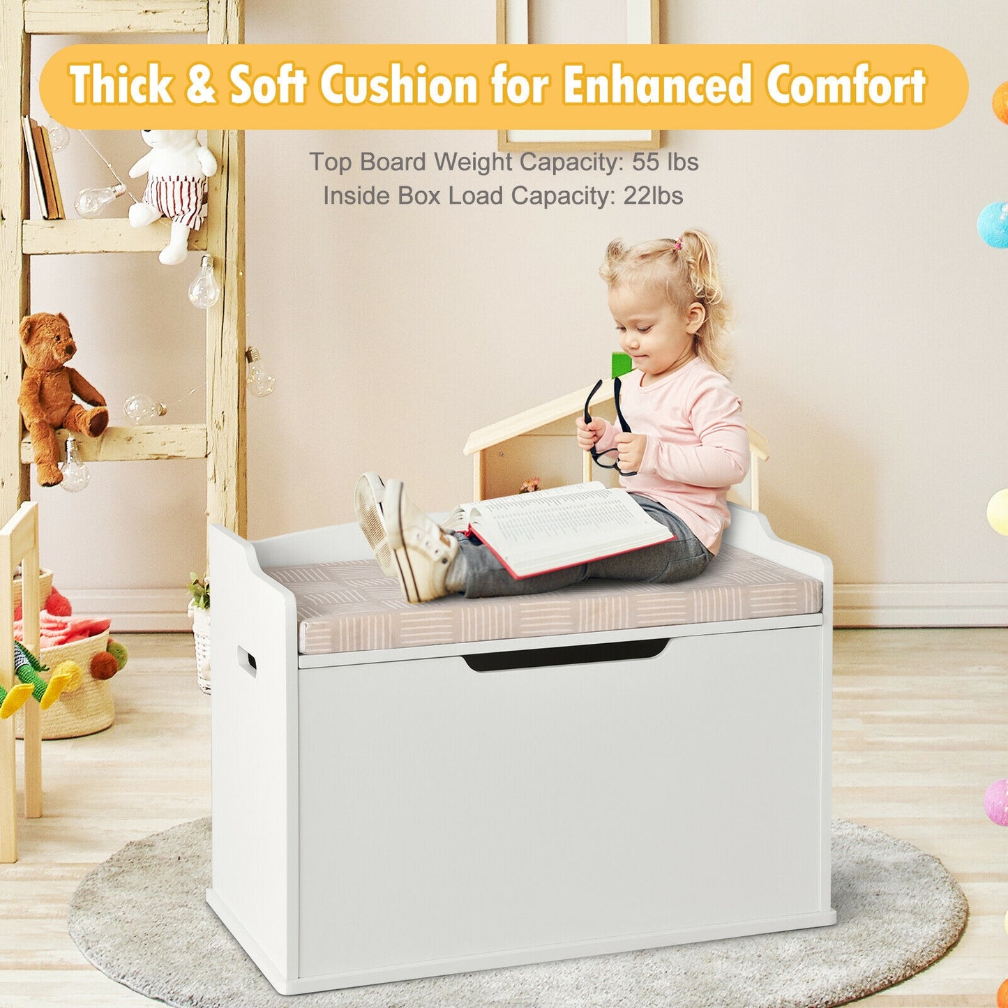 Kids Toy Wooden Flip-top Storage Box Chest Bench with Cushion Hinge-Brown