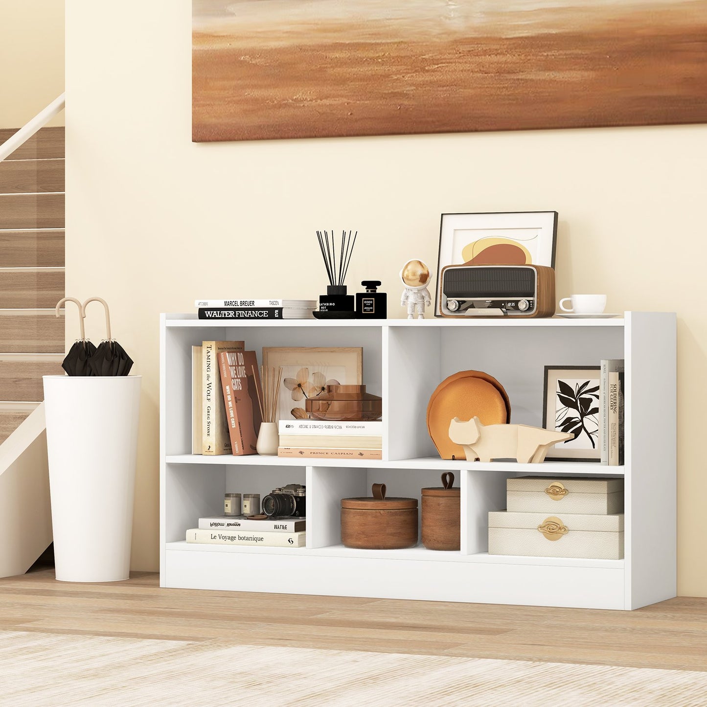 Kids 2-Shelf Bookcase 5-Cube Wood Toy Storage Cabinet Organizer-Beige