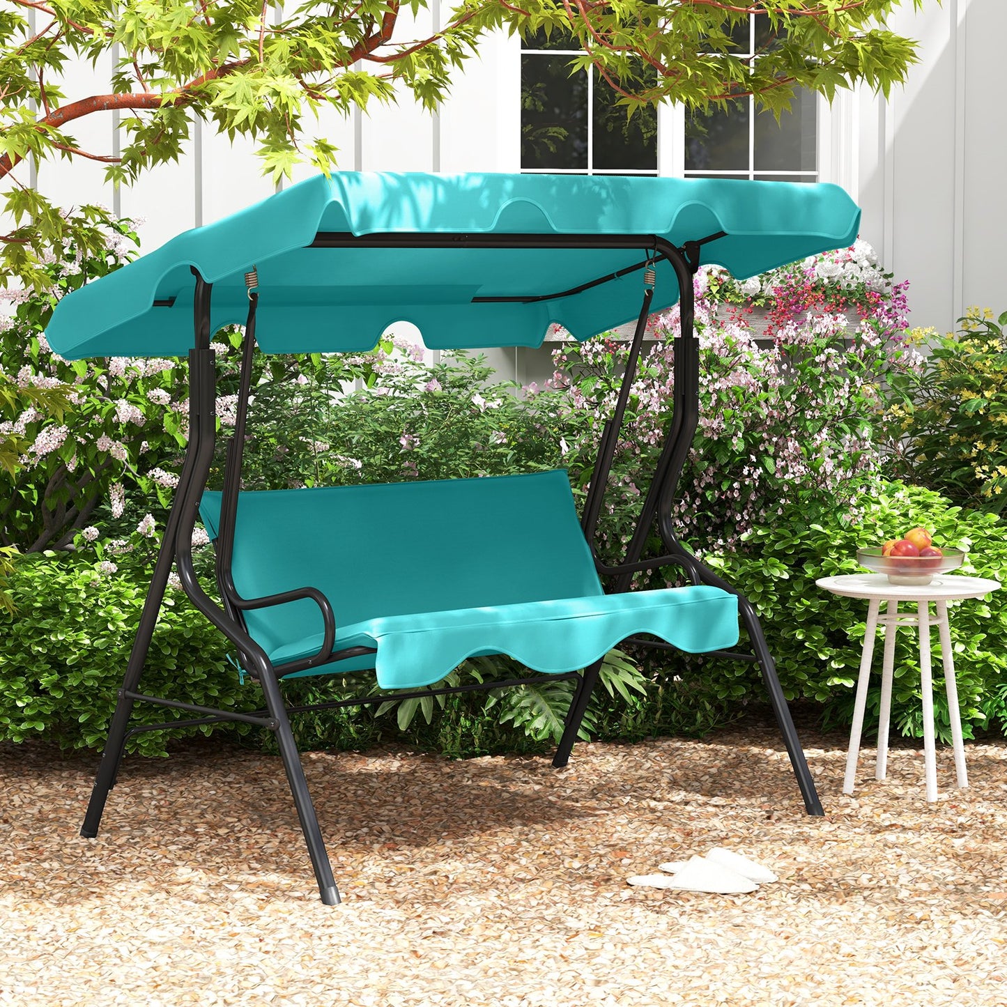 3 Seat Outdoor Patio Canopy Swing with Cushioned Steel Frame-Beige