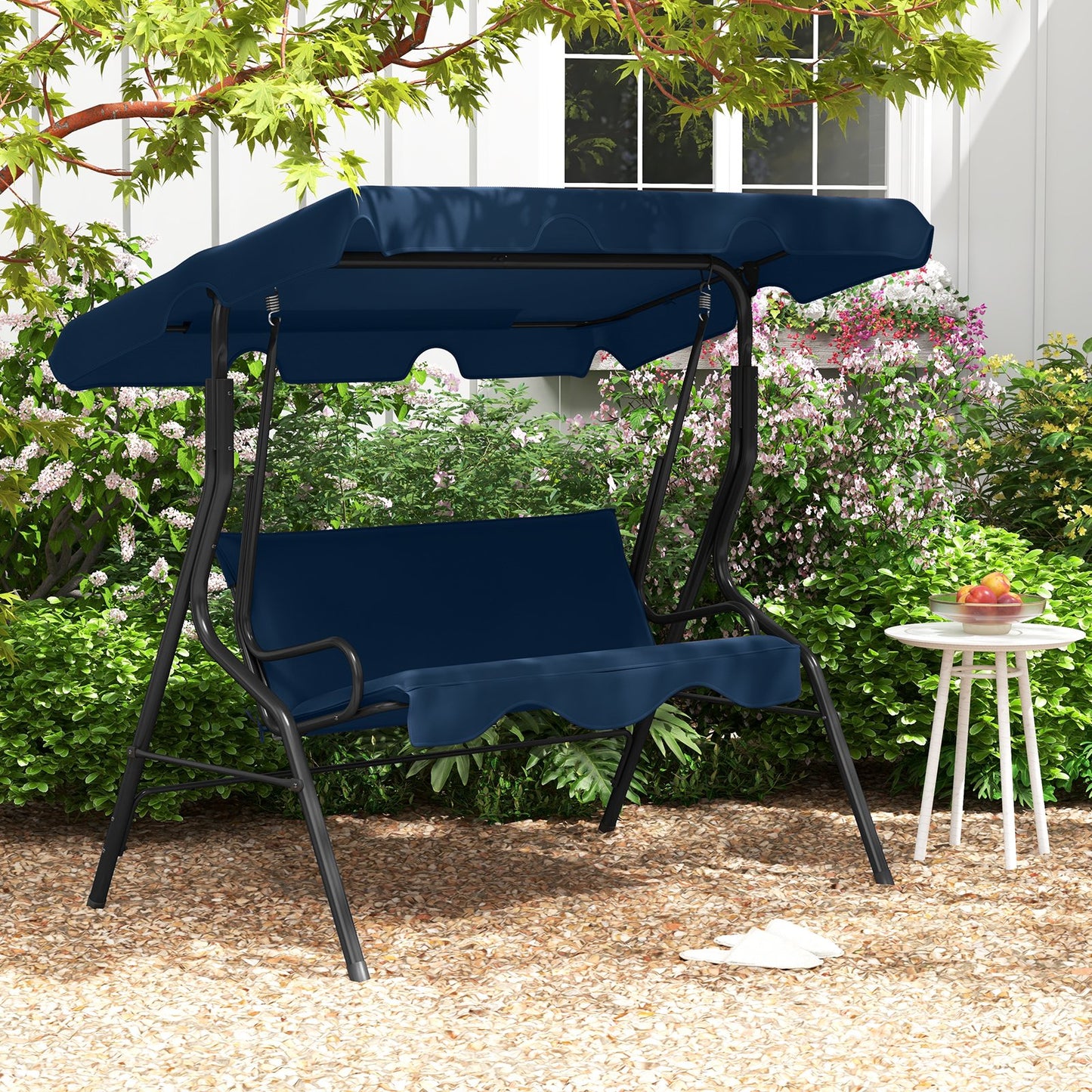 3 Seat Outdoor Patio Canopy Swing with Cushioned Steel Frame-Beige