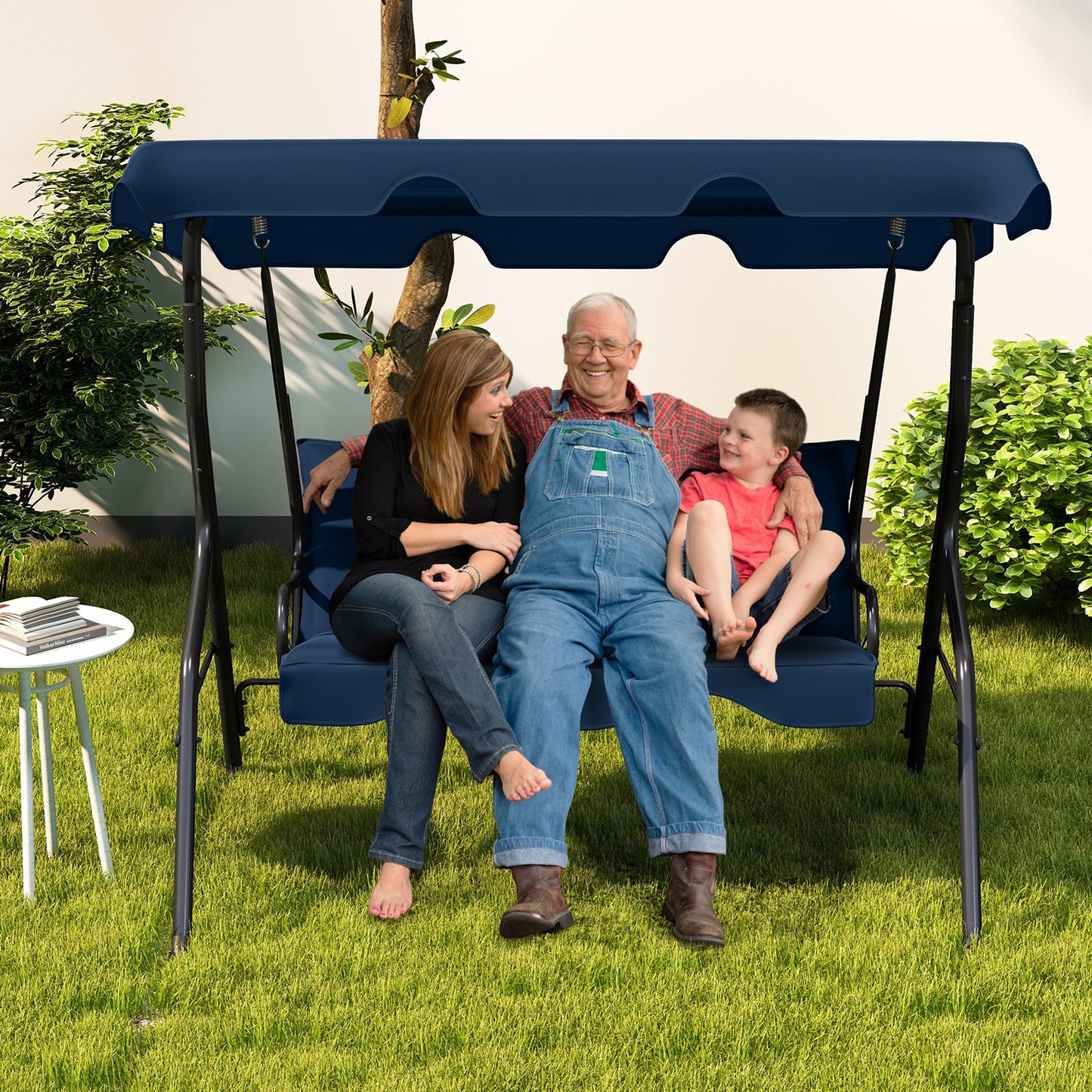 3 Seat Outdoor Patio Canopy Swing with Cushioned Steel Frame-Beige