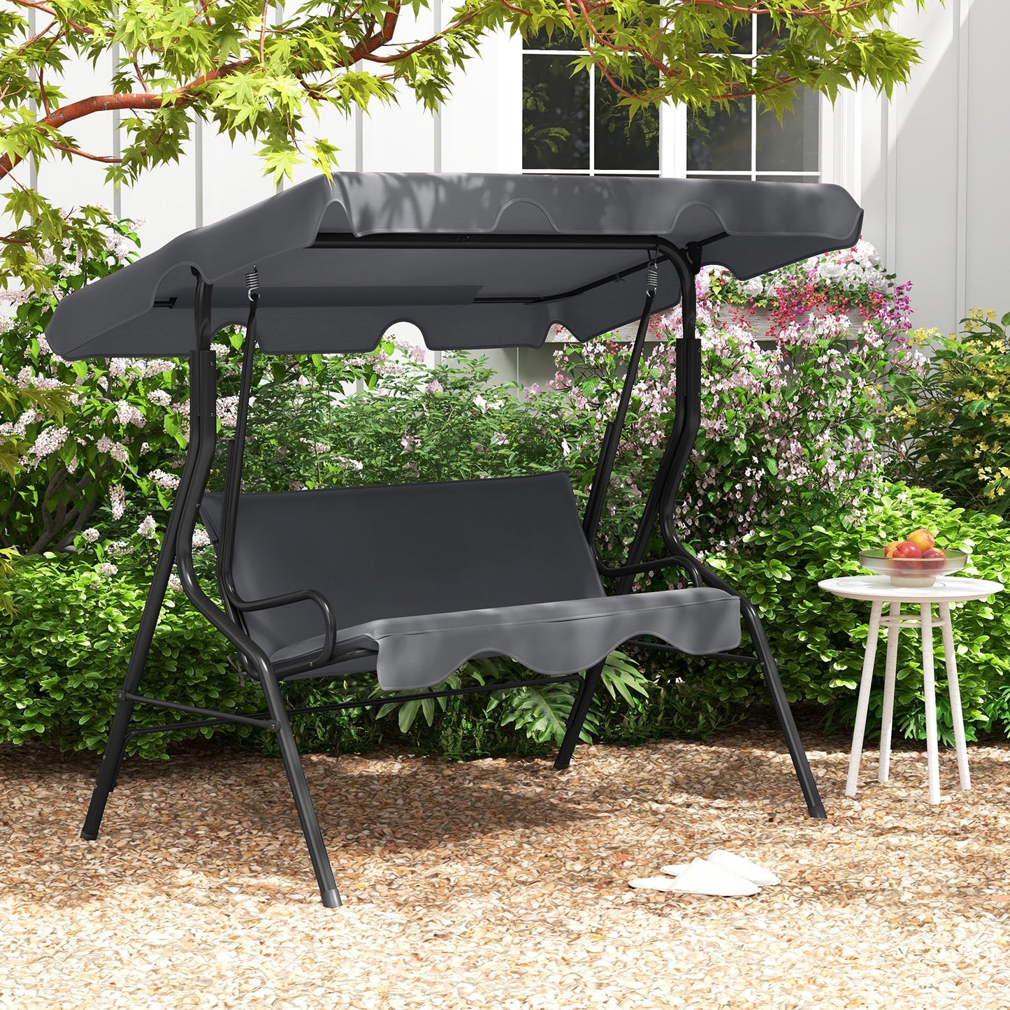 3 Seat Outdoor Patio Canopy Swing with Cushioned Steel Frame-Beige