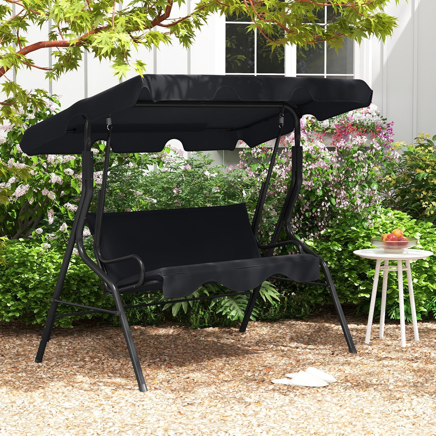 3 Seat Outdoor Patio Canopy Swing with Cushioned Steel Frame-Beige