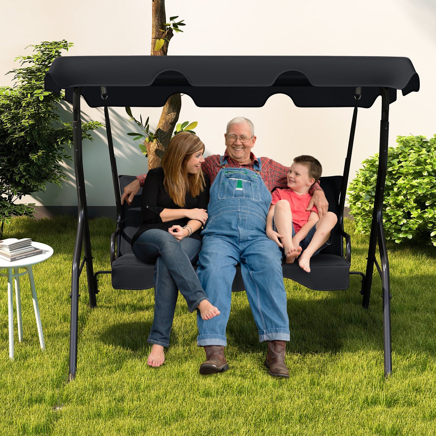 3 Seat Outdoor Patio Canopy Swing with Cushioned Steel Frame-Beige