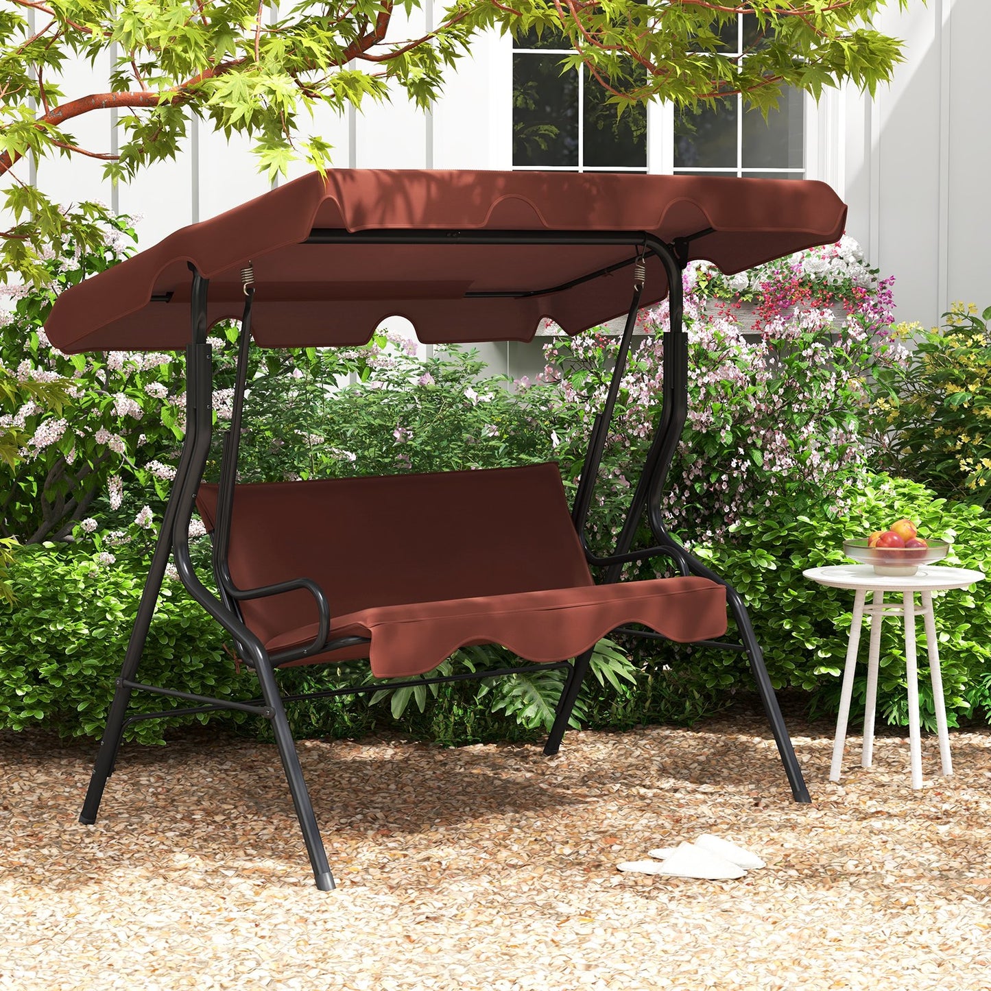 3 Seat Outdoor Patio Canopy Swing with Cushioned Steel Frame-Beige