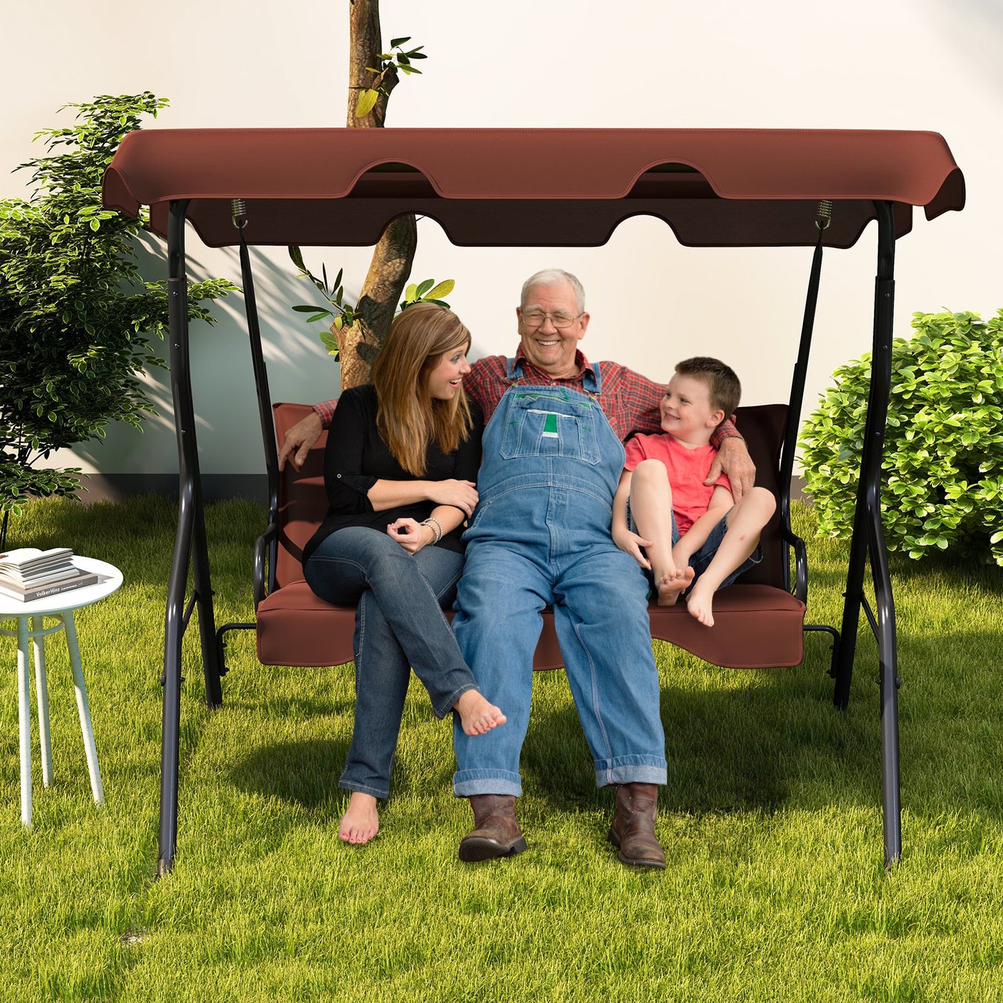 3 Seat Outdoor Patio Canopy Swing with Cushioned Steel Frame-Beige