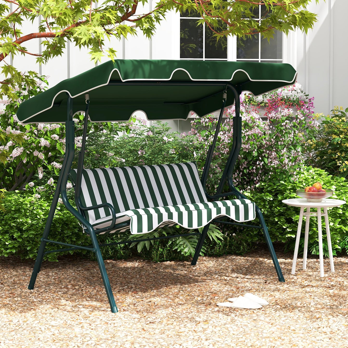 3 Seat Outdoor Patio Canopy Swing with Cushioned Steel Frame-Beige