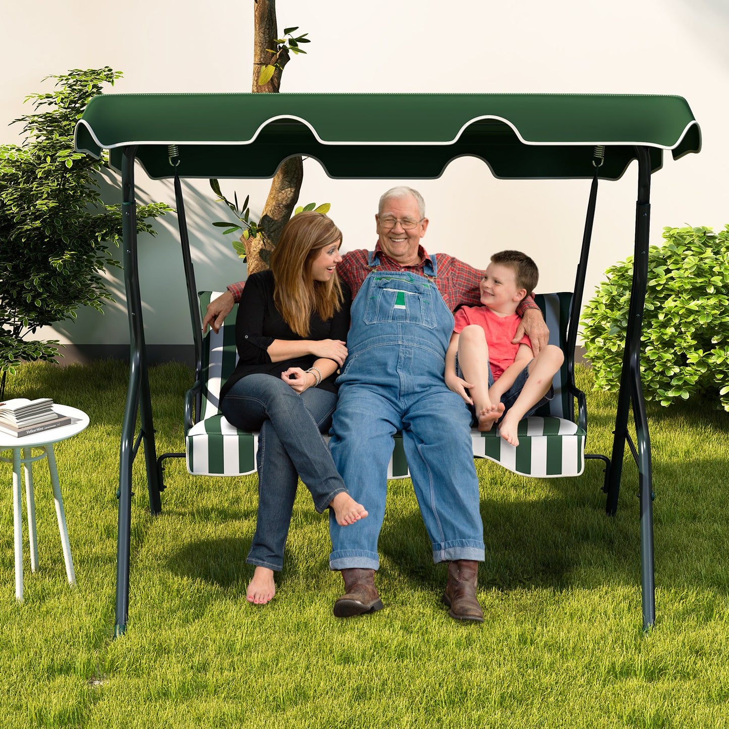 3 Seat Outdoor Patio Canopy Swing with Cushioned Steel Frame-Beige