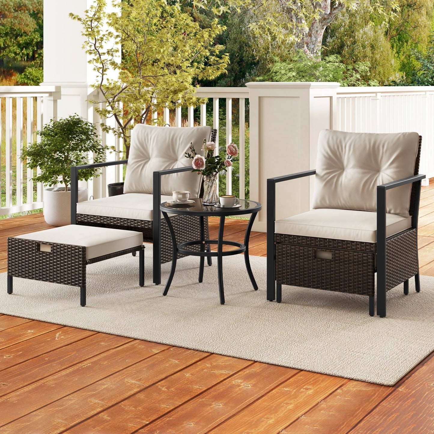 4 Piece Outdoor Furniture Set with Glass Topped Coffee Table-Black