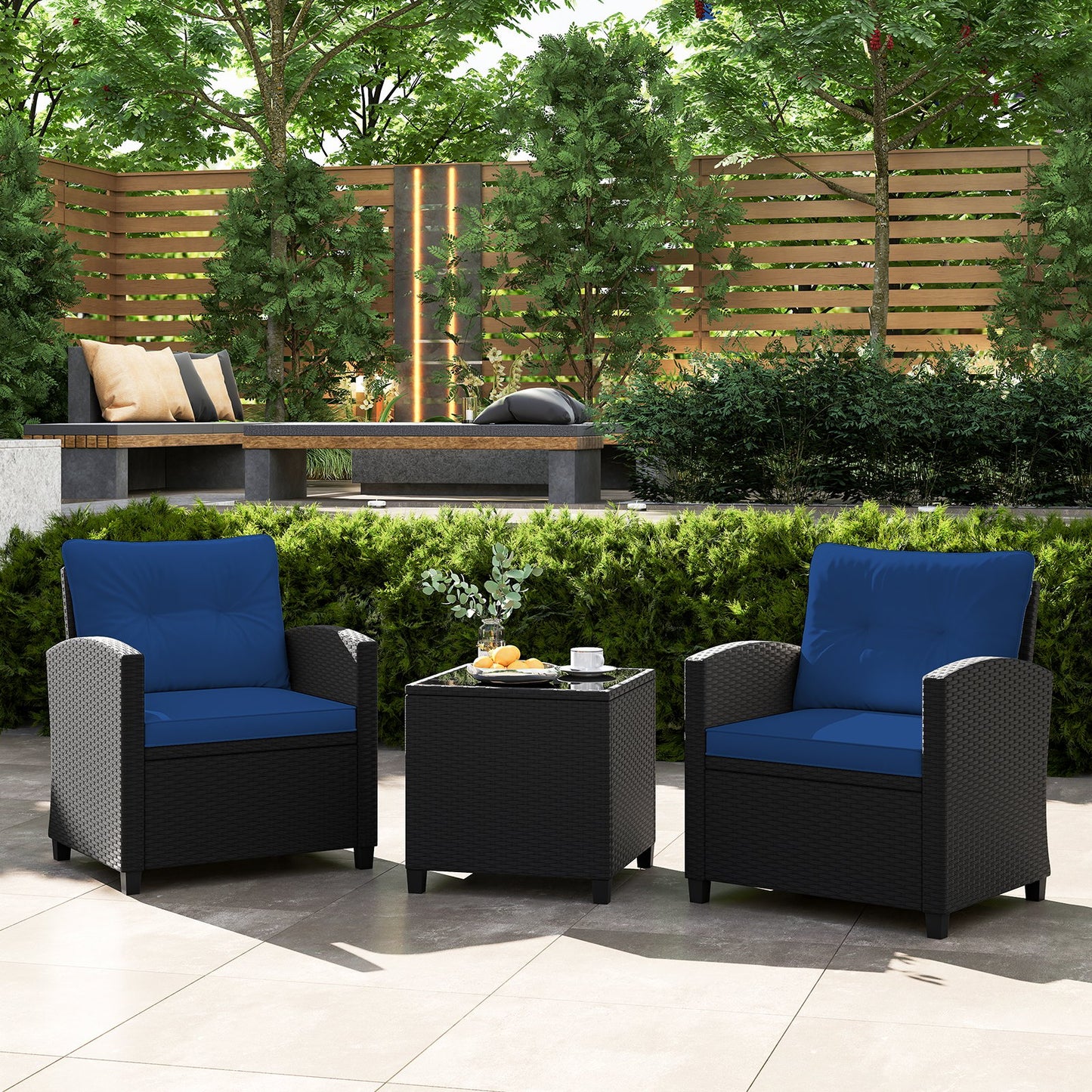 3 Pieces Patio Furniture Set with Tempered Glass Coffee Table-Black