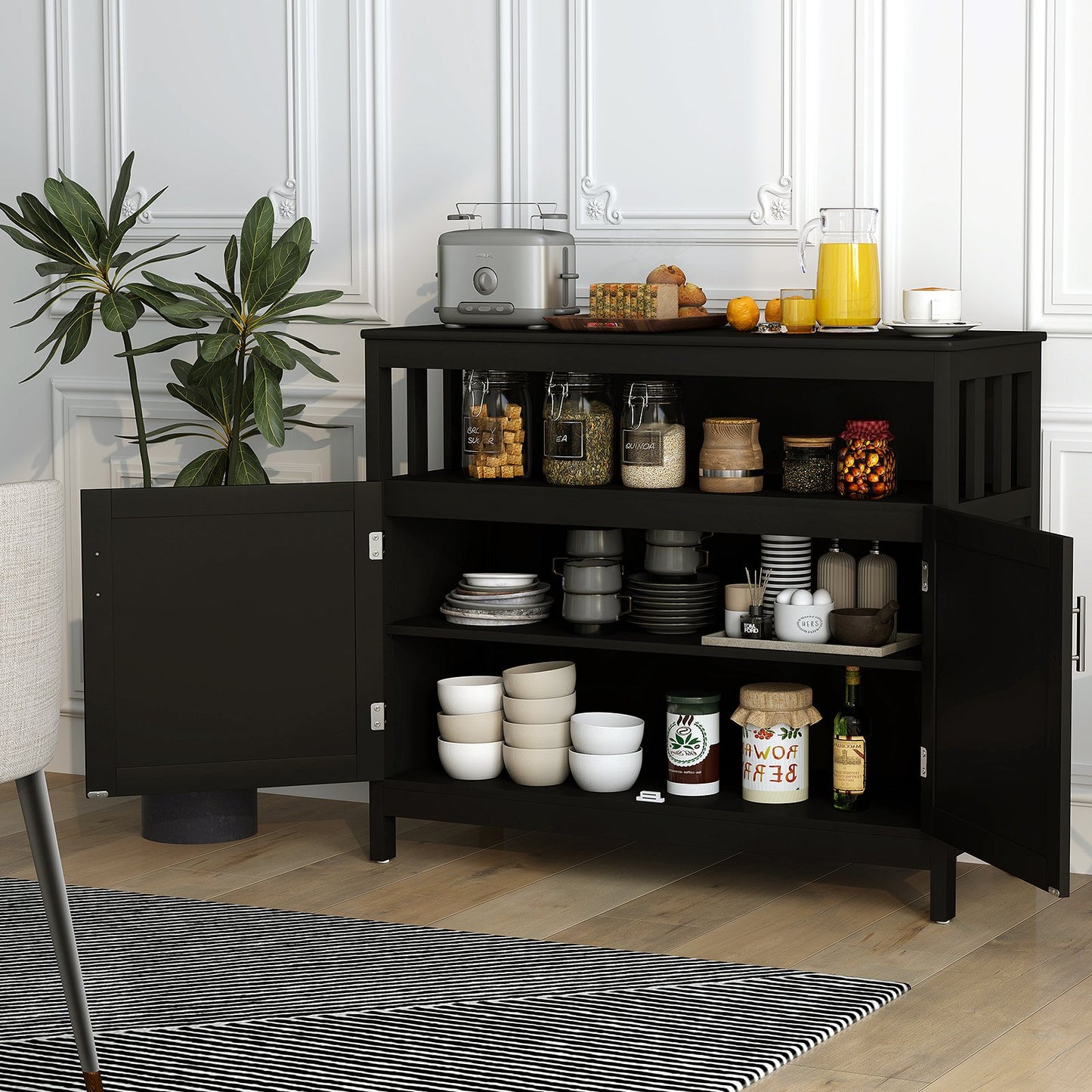 Kitchen Buffet Server Sideboard Storage Cabinet with 2 Doors and Shelf-Black