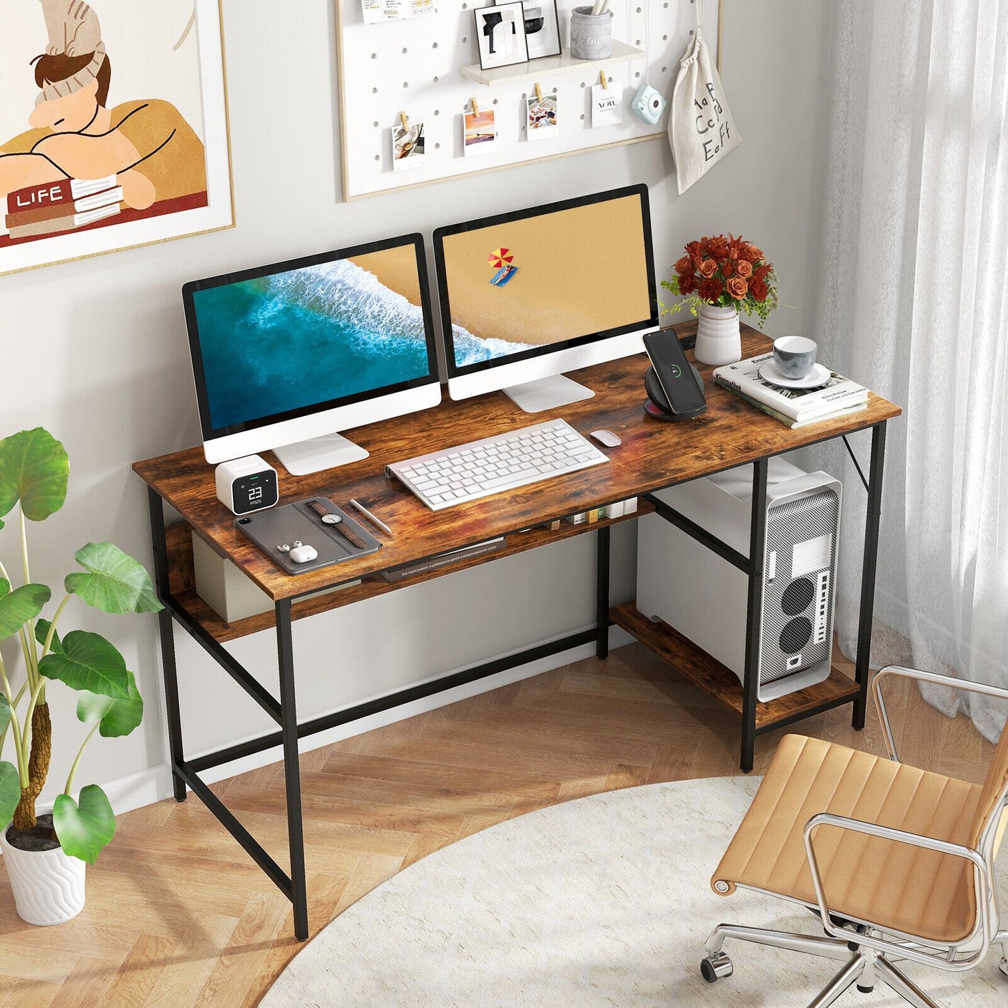 55 Inch Computer Desk with 4 Power Outlets and CPU Stand-Black