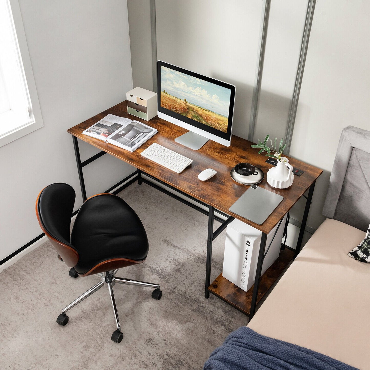 55 Inch Computer Desk with 4 Power Outlets and CPU Stand-Black