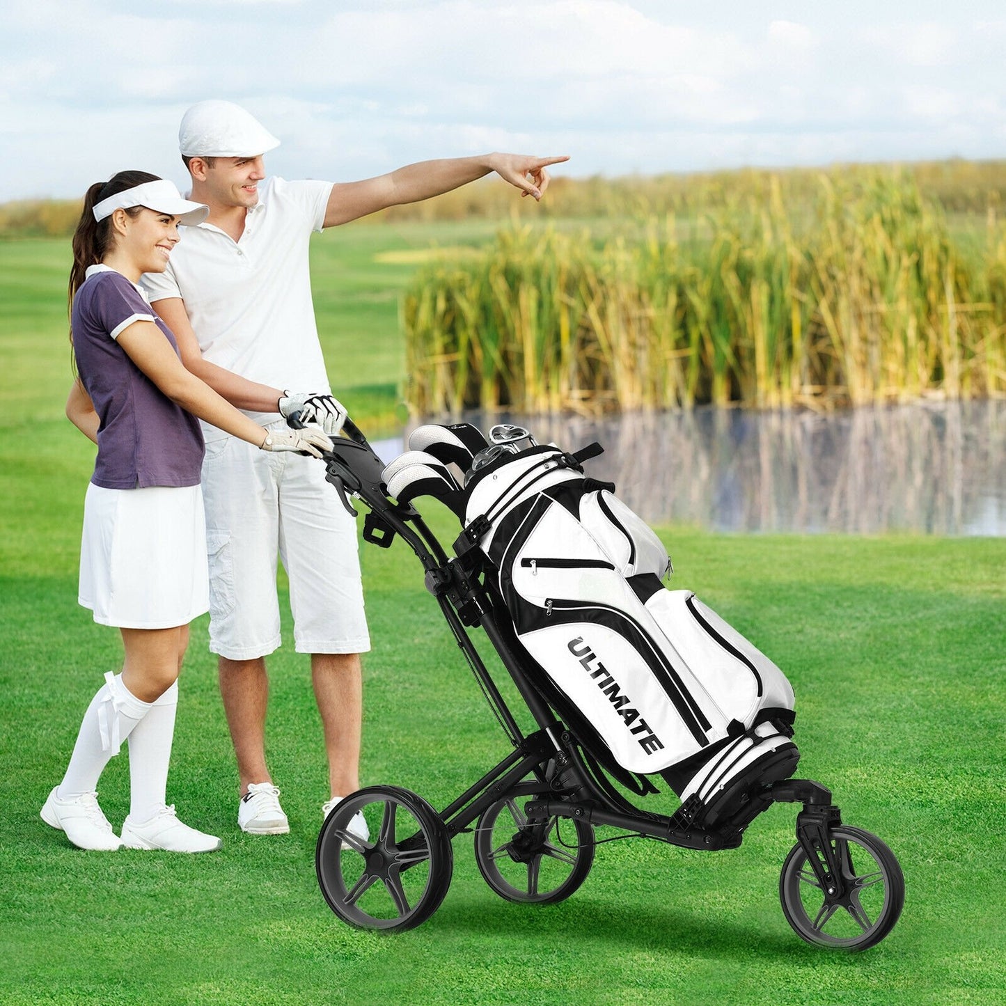 Folding Golf Push Cart with Scoreboard Adjustable Handle Swivel Wheel-Blue