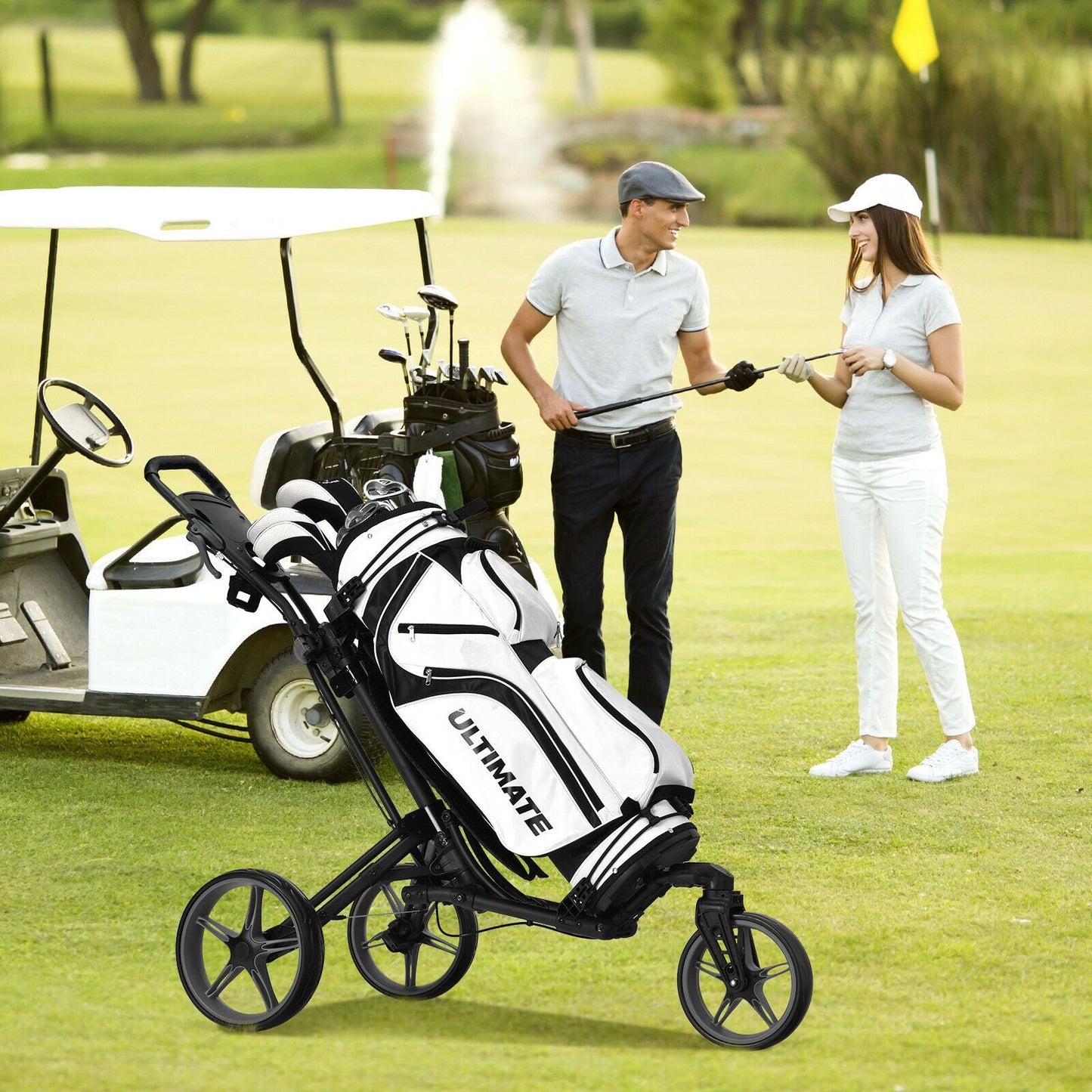 Folding Golf Push Cart with Scoreboard Adjustable Handle Swivel Wheel-Blue