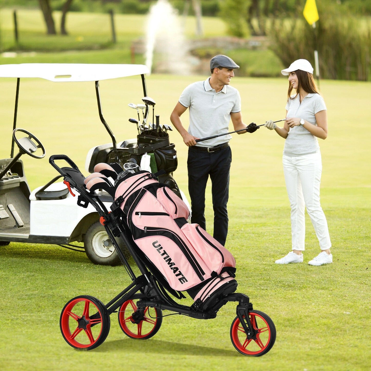 Folding Golf Push Cart with Scoreboard Adjustable Handle Swivel Wheel-Blue
