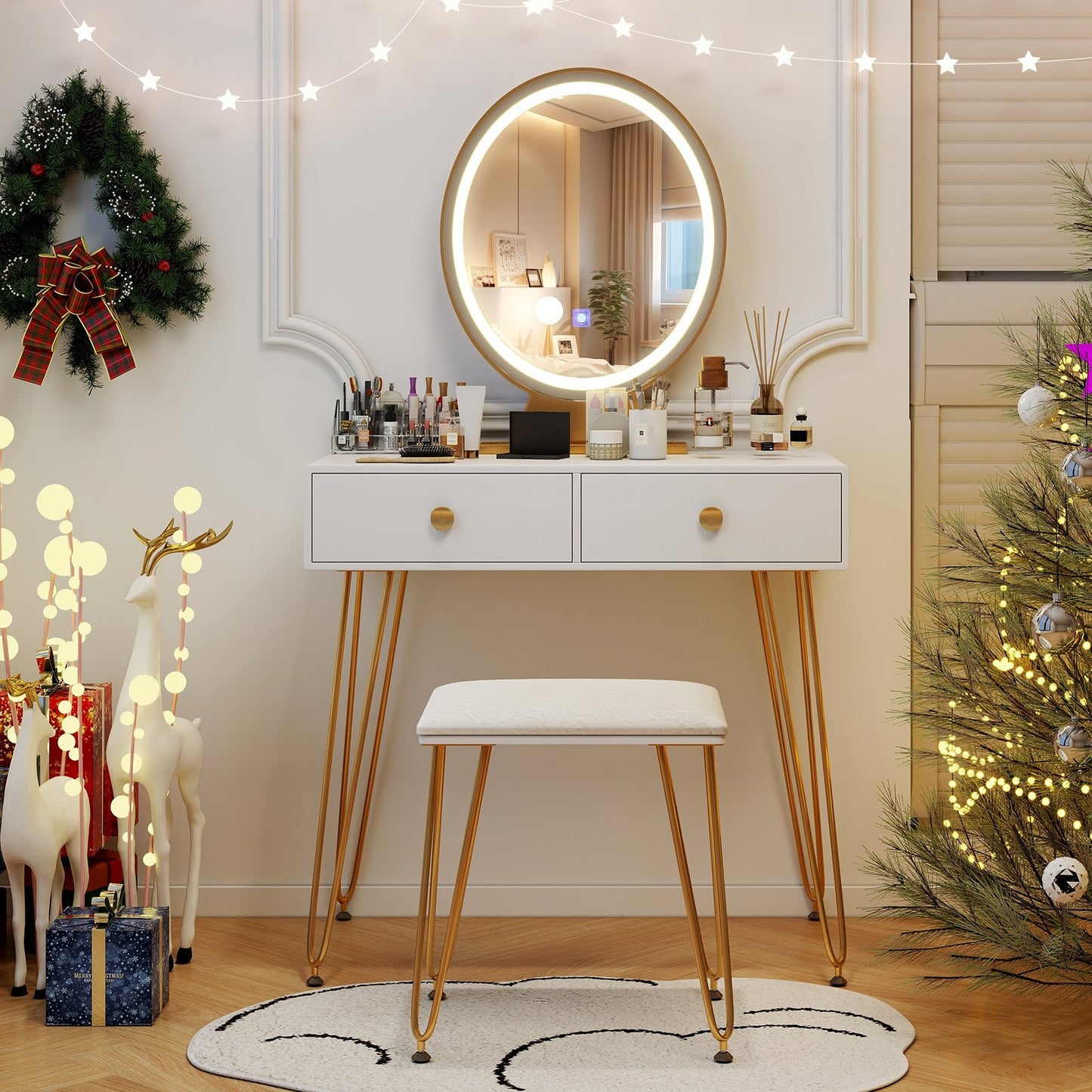 Industrial Makeup Dressing Table with 3 Lighting Modes-Rustic Brown