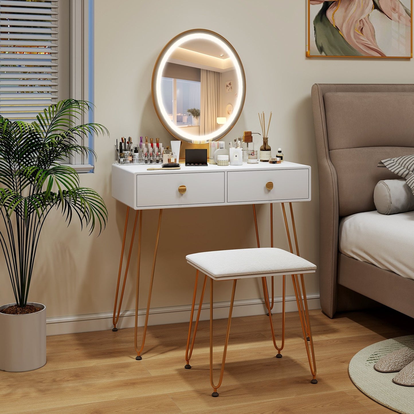 Industrial Makeup Dressing Table with 3 Lighting Modes-Rustic Brown