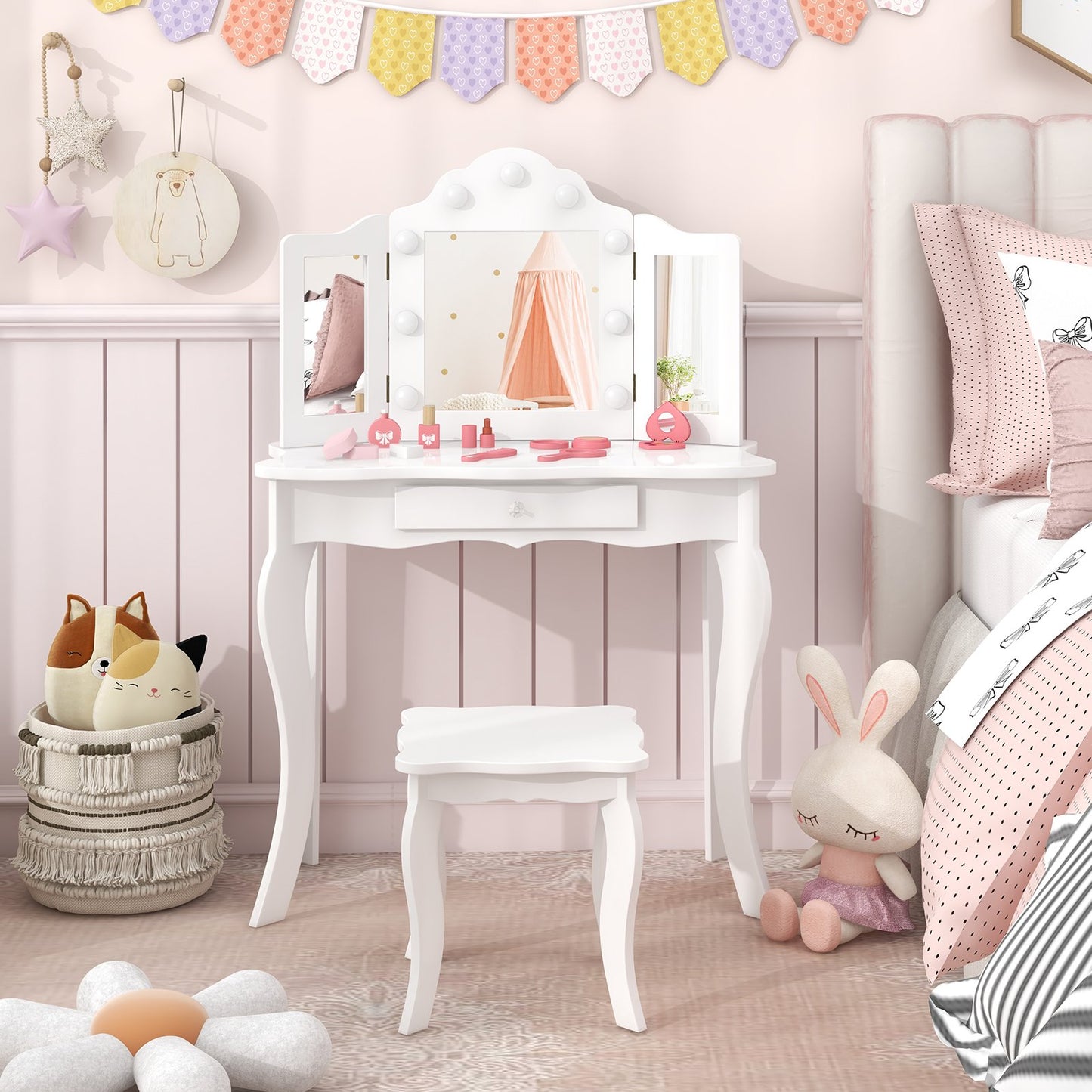 Kid Vanity Table Stool Set with Tri-Folding Mirror and 3-Color LED Lights-Pink