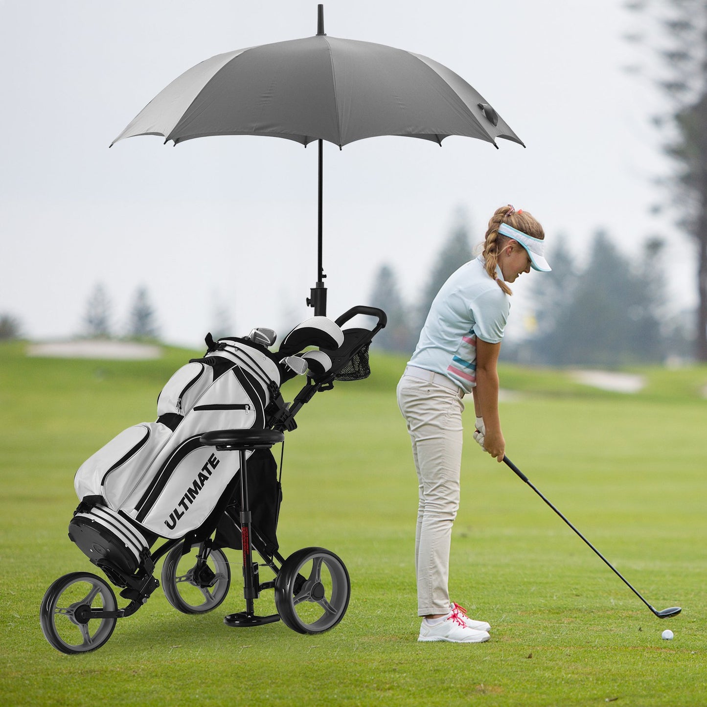 3 Wheels Folding Golf Push Cart with Seat Scoreboard and Adjustable Handle-Blue