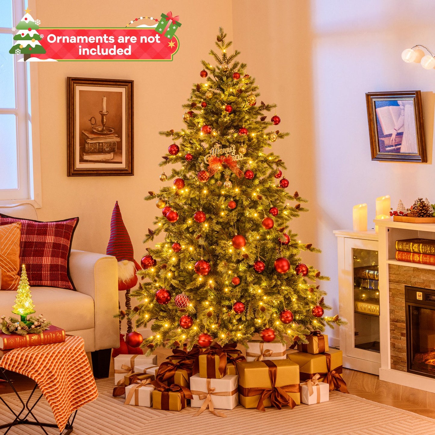 6/7/8 Feet Christmas Tree with Warm White LED Lights and Pine Cones-7 ft