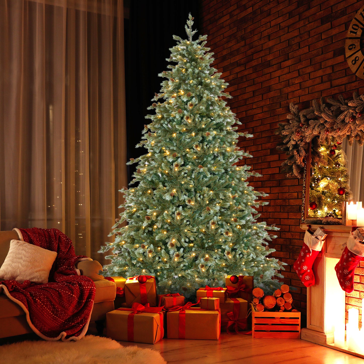6/7/8 Feet Christmas Tree with Warm White LED Lights and Pine Cones-7 ft