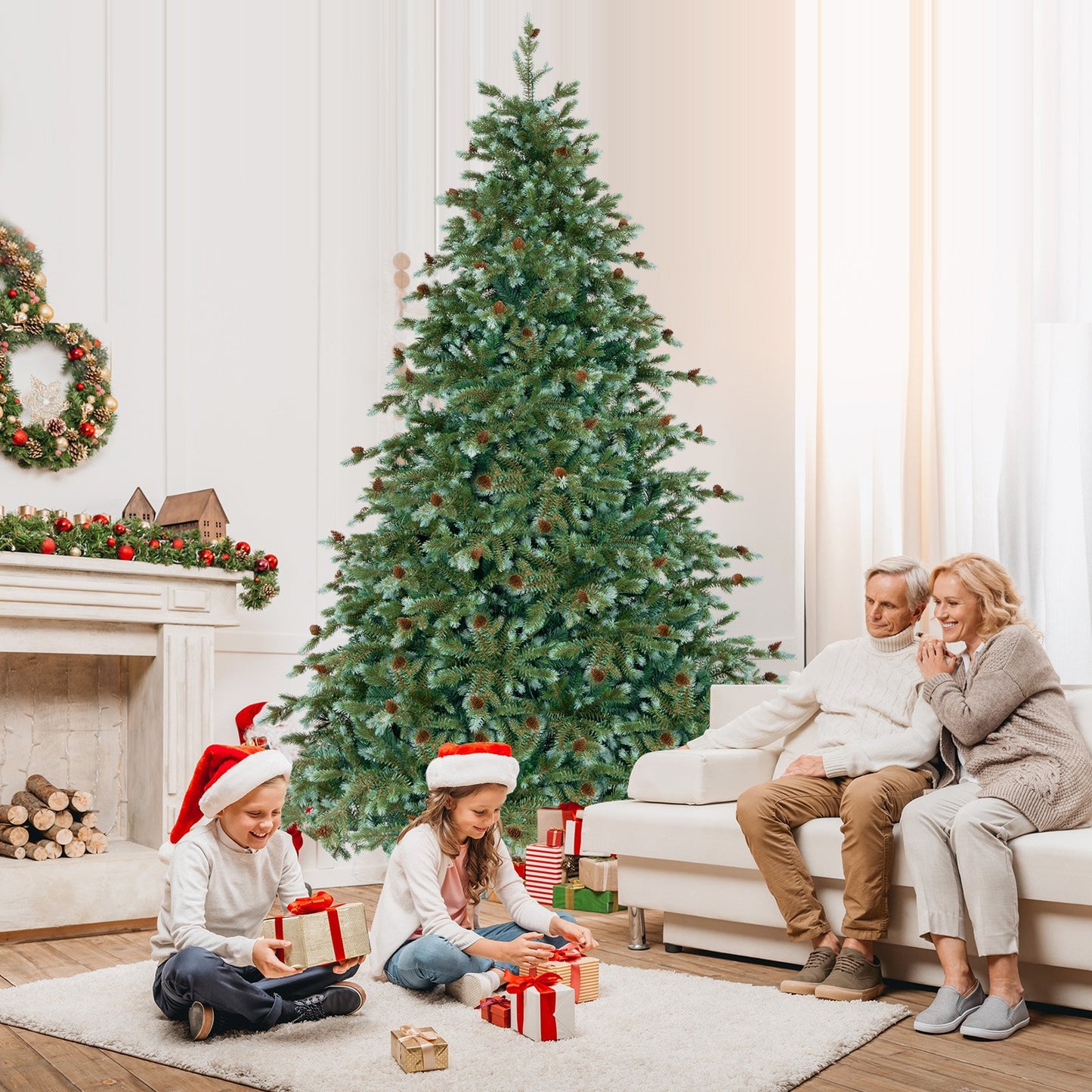 6/7/8 Feet Christmas Tree with Warm White LED Lights and Pine Cones-7 ft