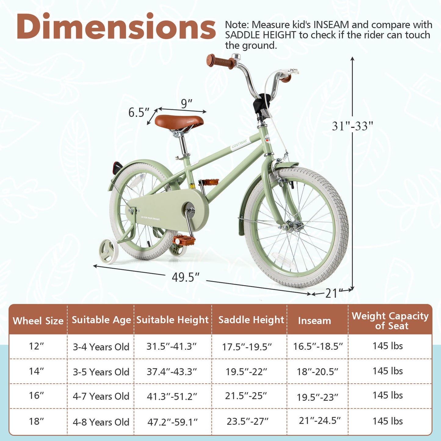 Kids Bike with Adjustable Handlebar and Saddle Green-18 Inches