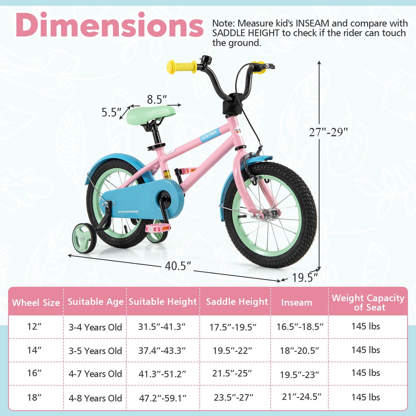 Kid's Bike with Adjustable Handlebar and Saddle Pink-14 Inches